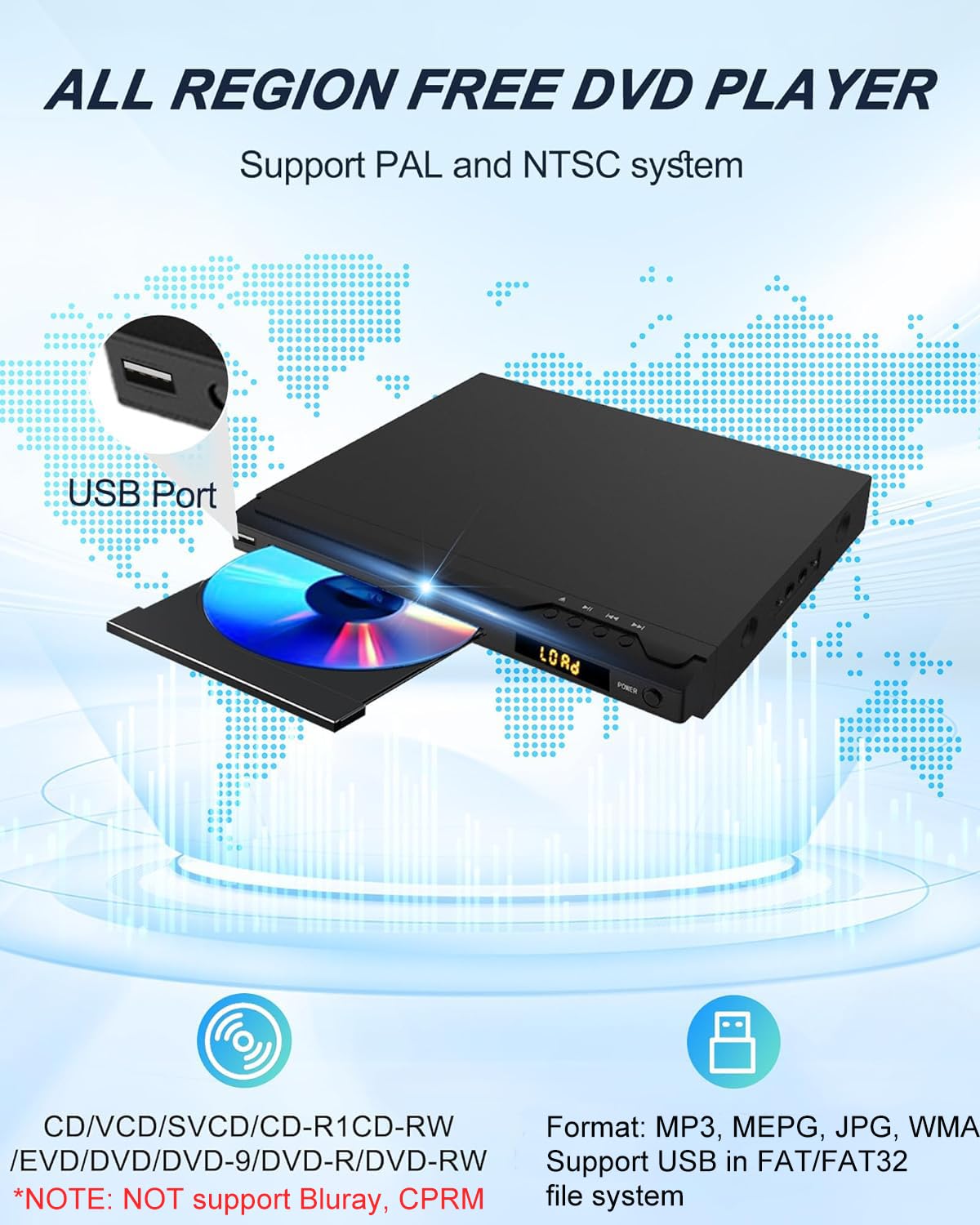 DVD Player für Fernseher 1080p HDMI DVD Players unterstützen PAL/NTSC, Multi Region Free DVDs Spieler mit Karaoke-Anschlüssen, USB-Eingang, HDMI- und AV-Kabeln