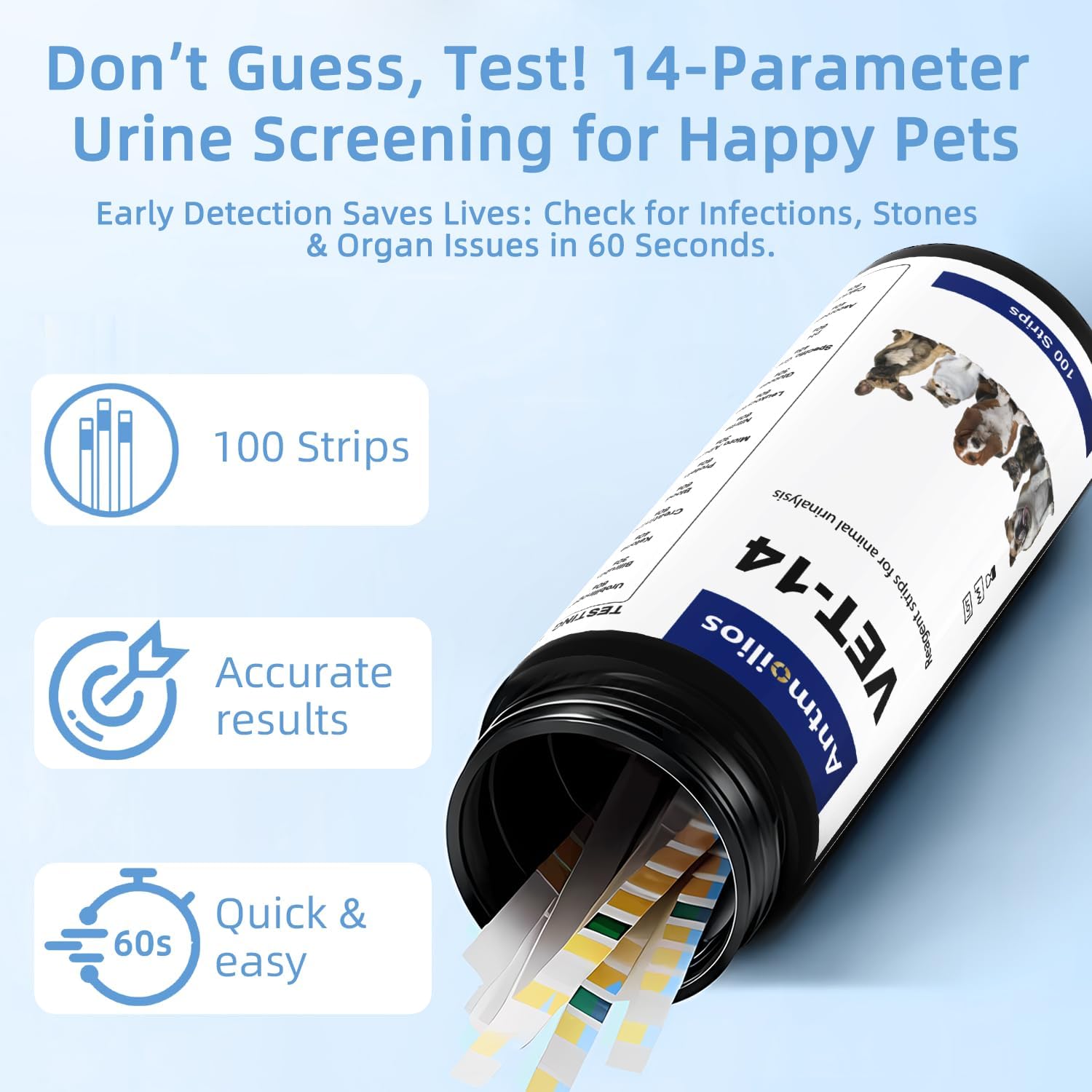 14-Parameter Dog&Cat UTI & Blood Test Strips, 100ct Detect Ketone Urine Protein Glucose Bladder Full Panel Urinalysis Urinary Tract Infection Test Kits Home Testing, for Vet Pet UTI Test