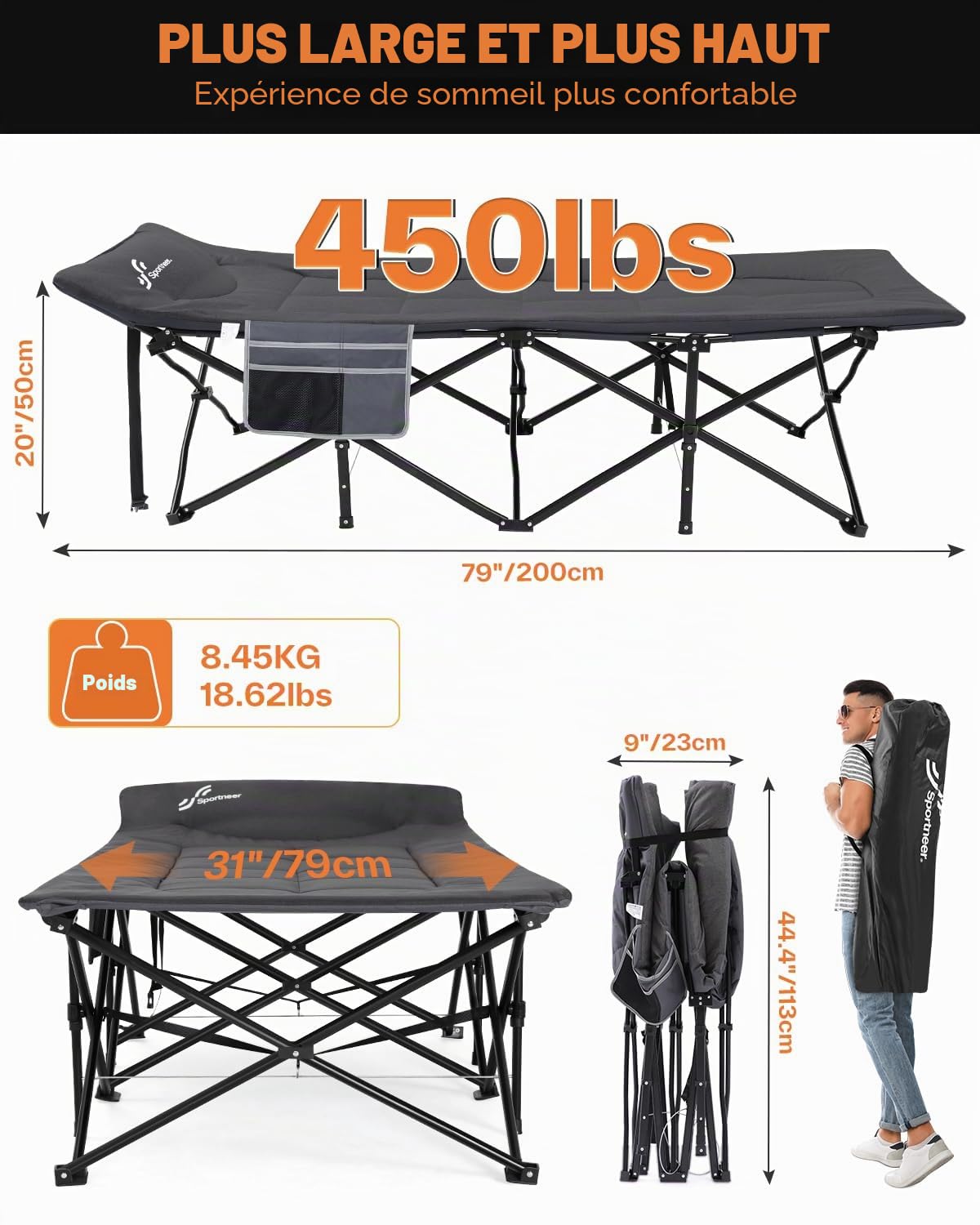 Sportneer Lits de Camping pour Adultes, lit de Couchage avec Coussin, Charge maximale de 204,1 kg, lit de Camping Pliable et rembourré pour Tente de Camping, Bureau, extérieur, Voyage