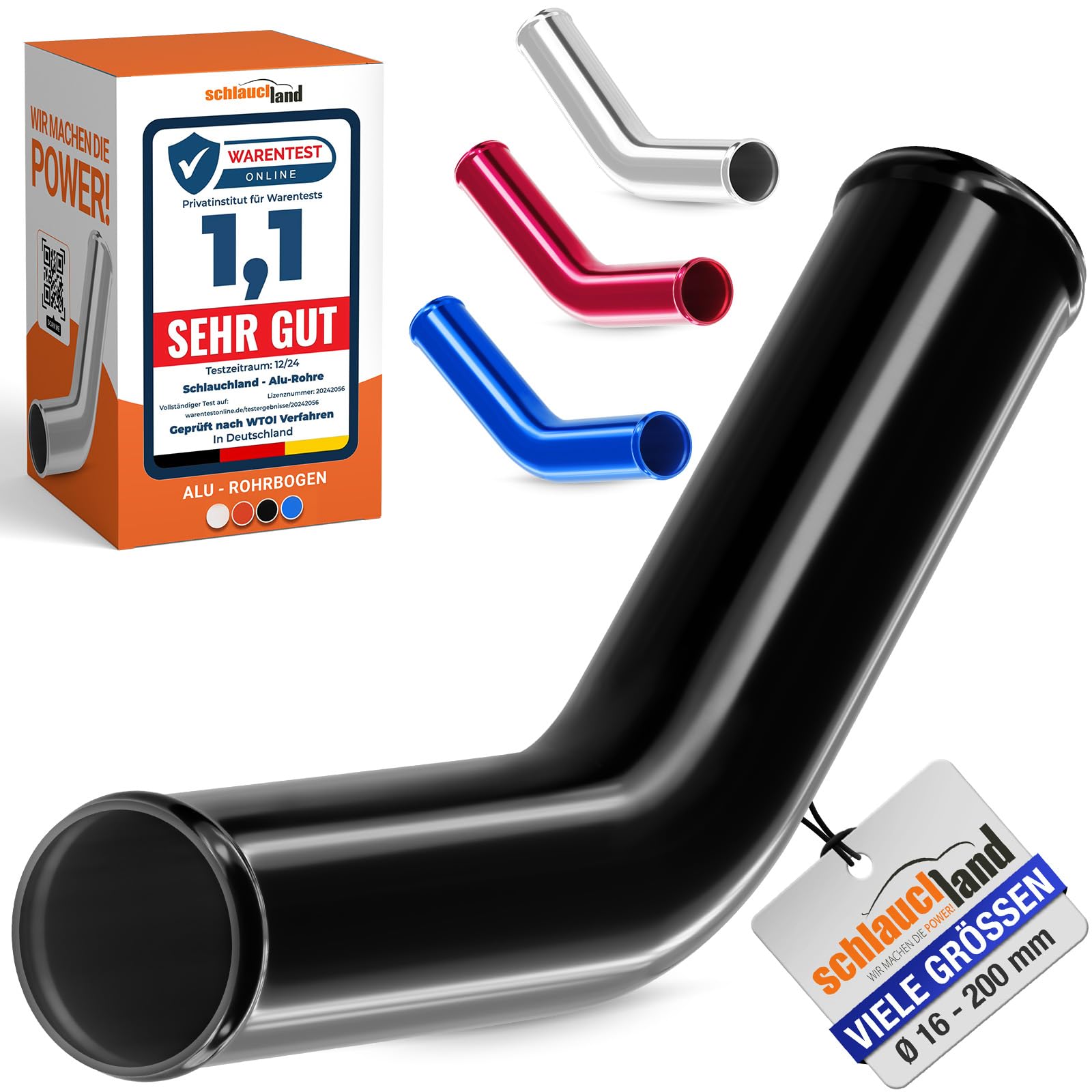 45° ALU-ROHRBOGEN AD-Ø 51mm Schwarz Alurohr poliert & gebördelt | AUSWAHL FARBEN & GRÖSSEN | Alu-Rohr-Bogen DIN EN T6063 Grad Aluminium Rohr Winkel Motor KFZ LLK Bogen Turbo Schlauch-Verbinder