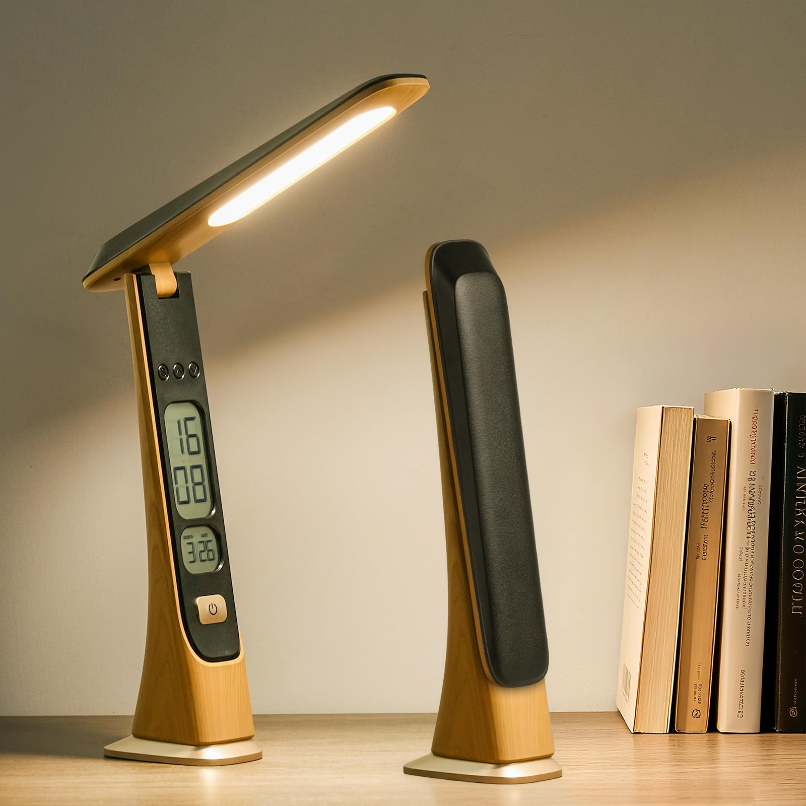Bokefo 1800 mAh Cordless Rechargeable Desk Lamp, 3 Colors Eye-Caring Stepless Dimmable Table Lamp, Clock Display Touch Control Foldable Portable Bedside Lights for Study Reading Office (No Adapter)