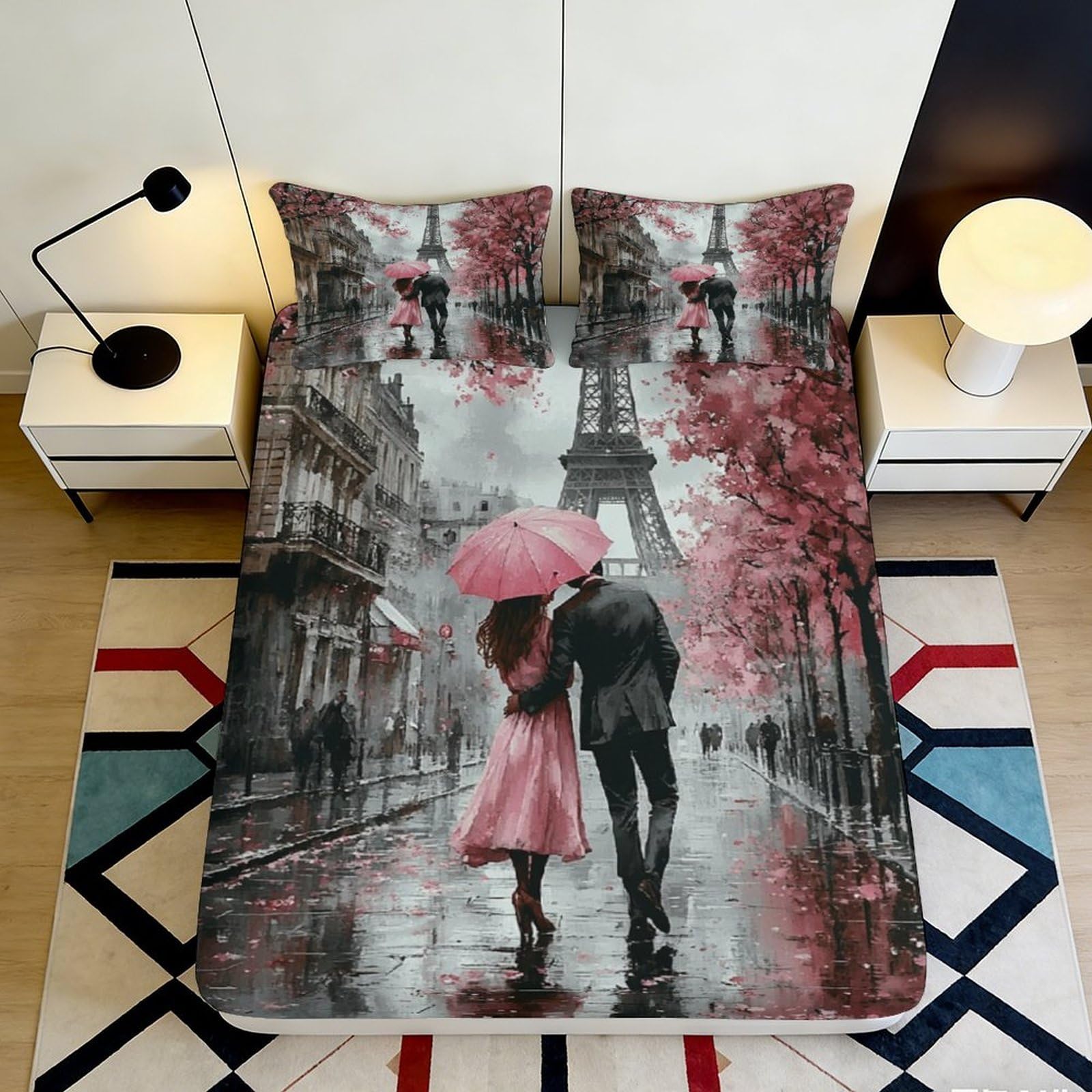 3D Printed Romantic Paris Microfiber Fitted Sheet Bedroom Bedding Couples Mattress Fitted Cover Deep Pocket Non-Slip Washable 90x200x25cm