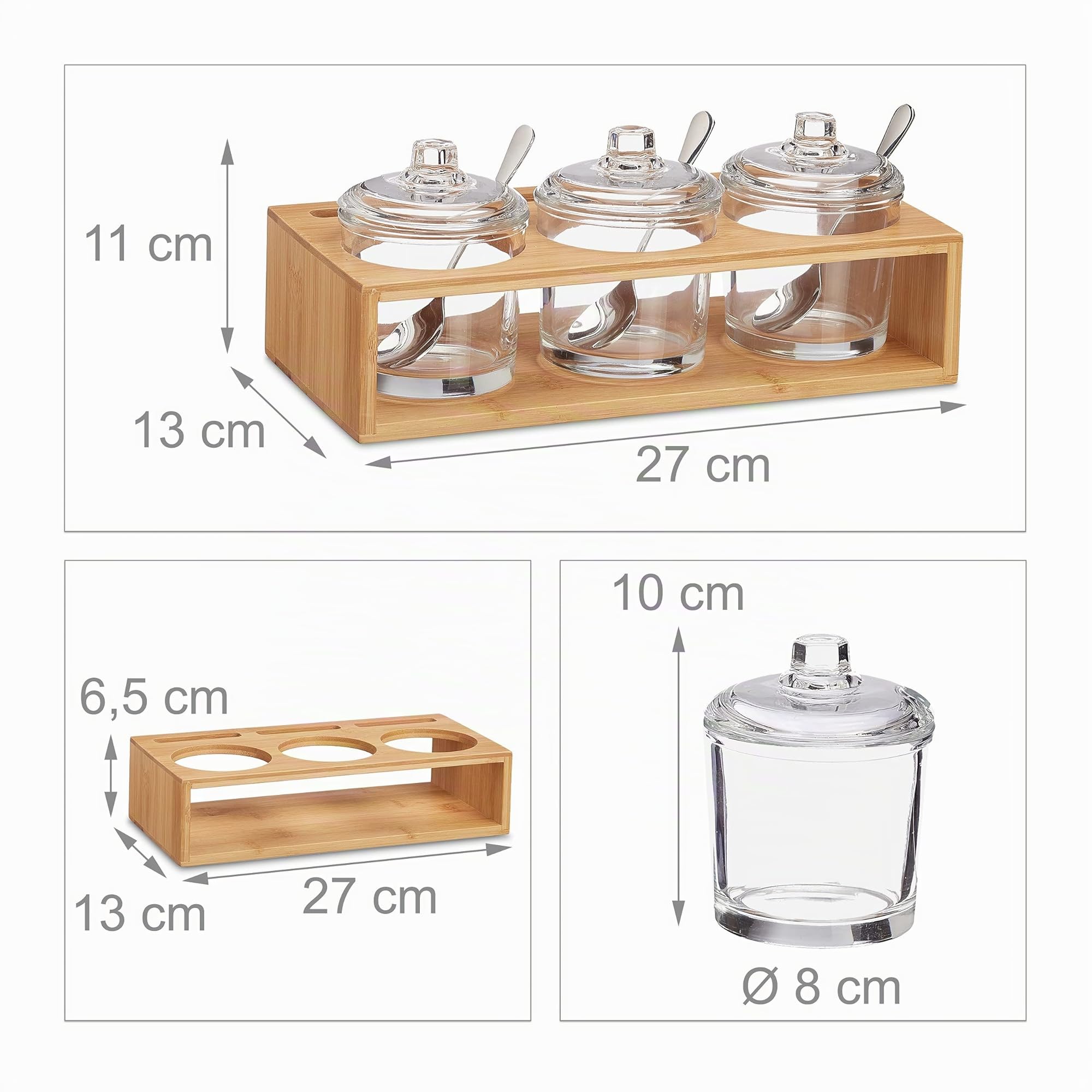 Relaxdays Set 3 Tarros Especias, Soporte de Bambú, Azucarero de Cristal con Cuchara y Tapa, Salero, Natural/Transparente