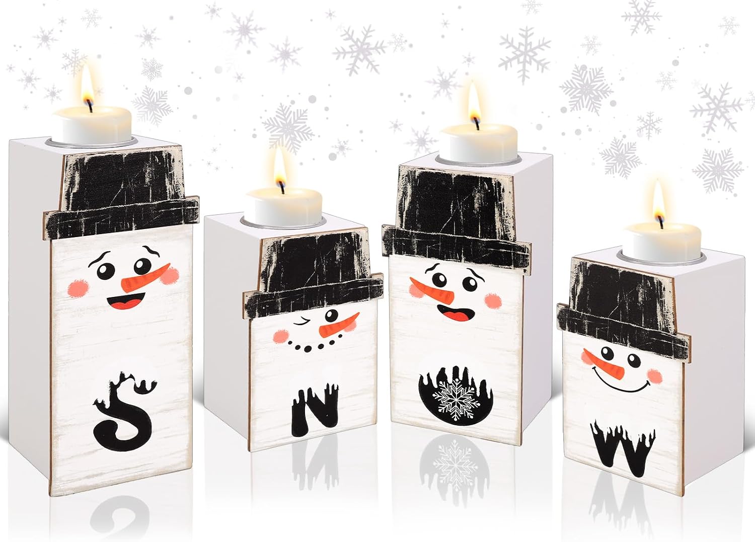 FYSUIMU Set of 4 Winter Snowman Candle Holders Wooden Christmas Vintage Snowman Snow Crafts Wood Centerpiece Candlestick for Xmas Holiday Party Home Farmhouse Fireplace Table Tiered Tray Decor