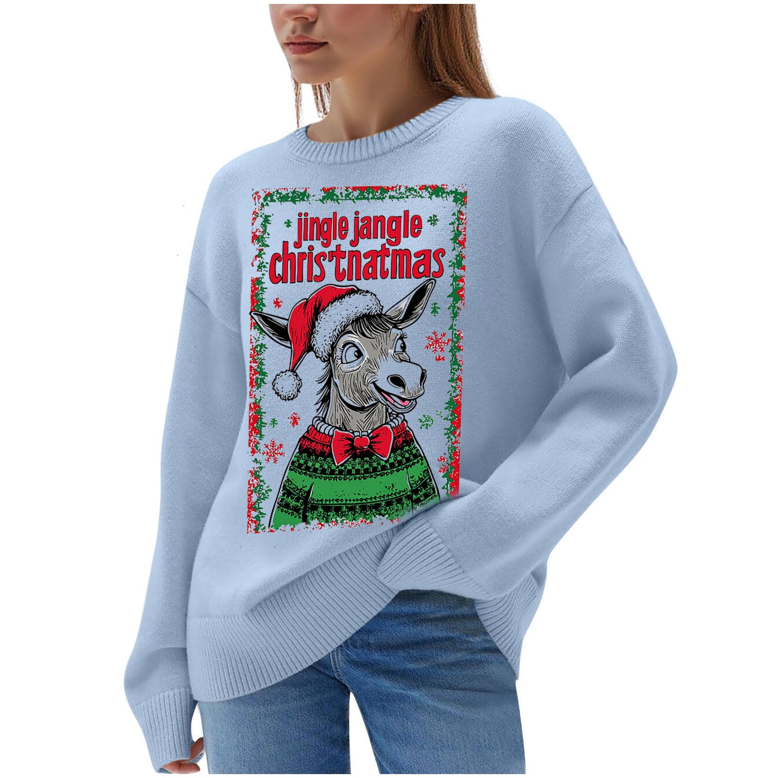 Jerséis de Navidad para mujer, Jingle Jangle Donkey, suéter feo de Navidad para mujer, punto acanalado, casual, suelto, cuello redondo, talla grande, manga larga, sudaderas divertidas