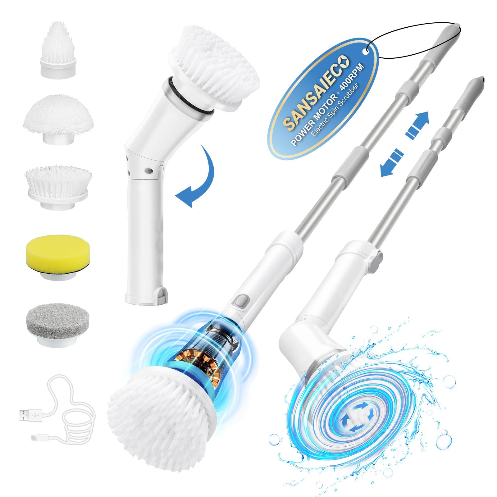 Electric Spin Scrubber, Shower Cleaning Brush, with 5 Replaceable Brush Heads, Cordless Power Scrubber, Adjustable Handle for Bathroom, Kitchen, Bathtub, Car, Floor, Up to 400RPM