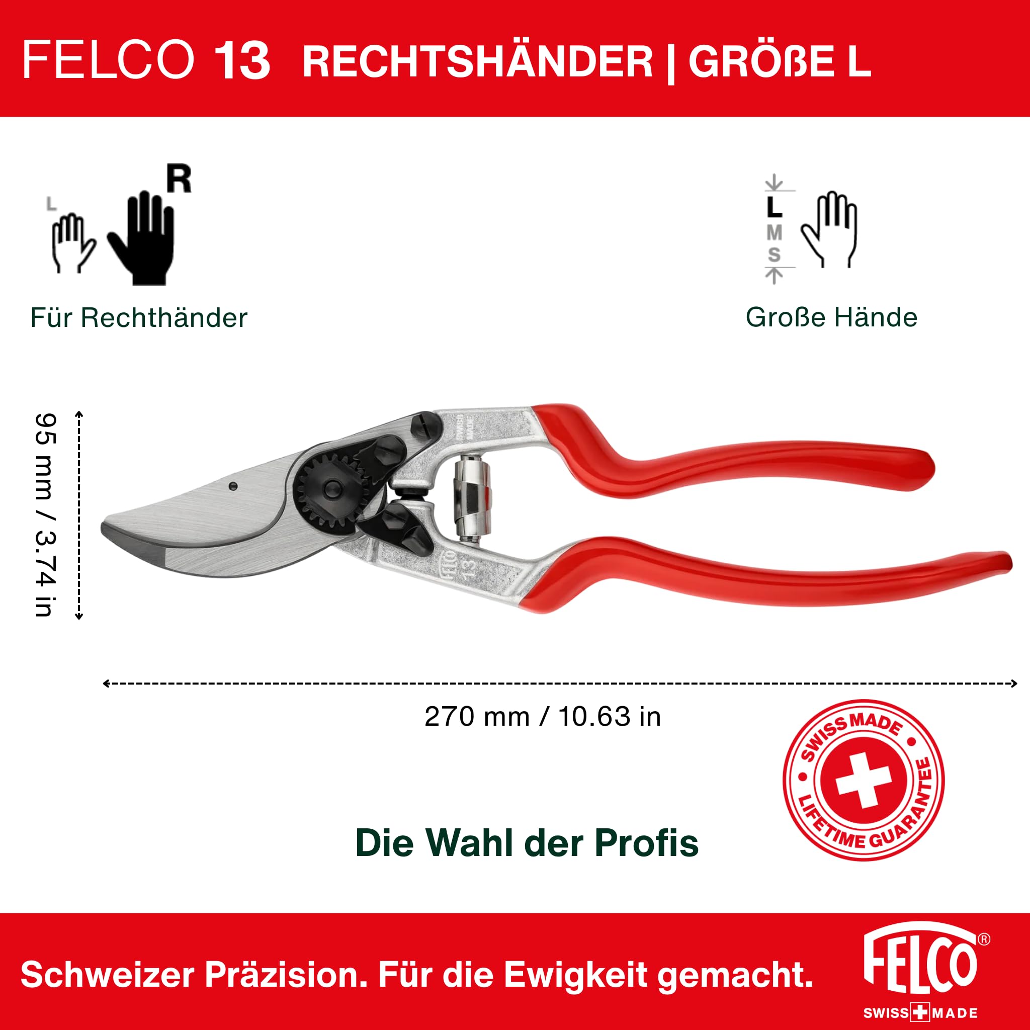 FELCO 13 Bypass-Gartenschere für Rechtshänder, große Hände, 55 mm Klinge, Schnitt bis 30 mm, verlängerter Griff für beidhändige Nutzung, ergonomisch, Swiss Made