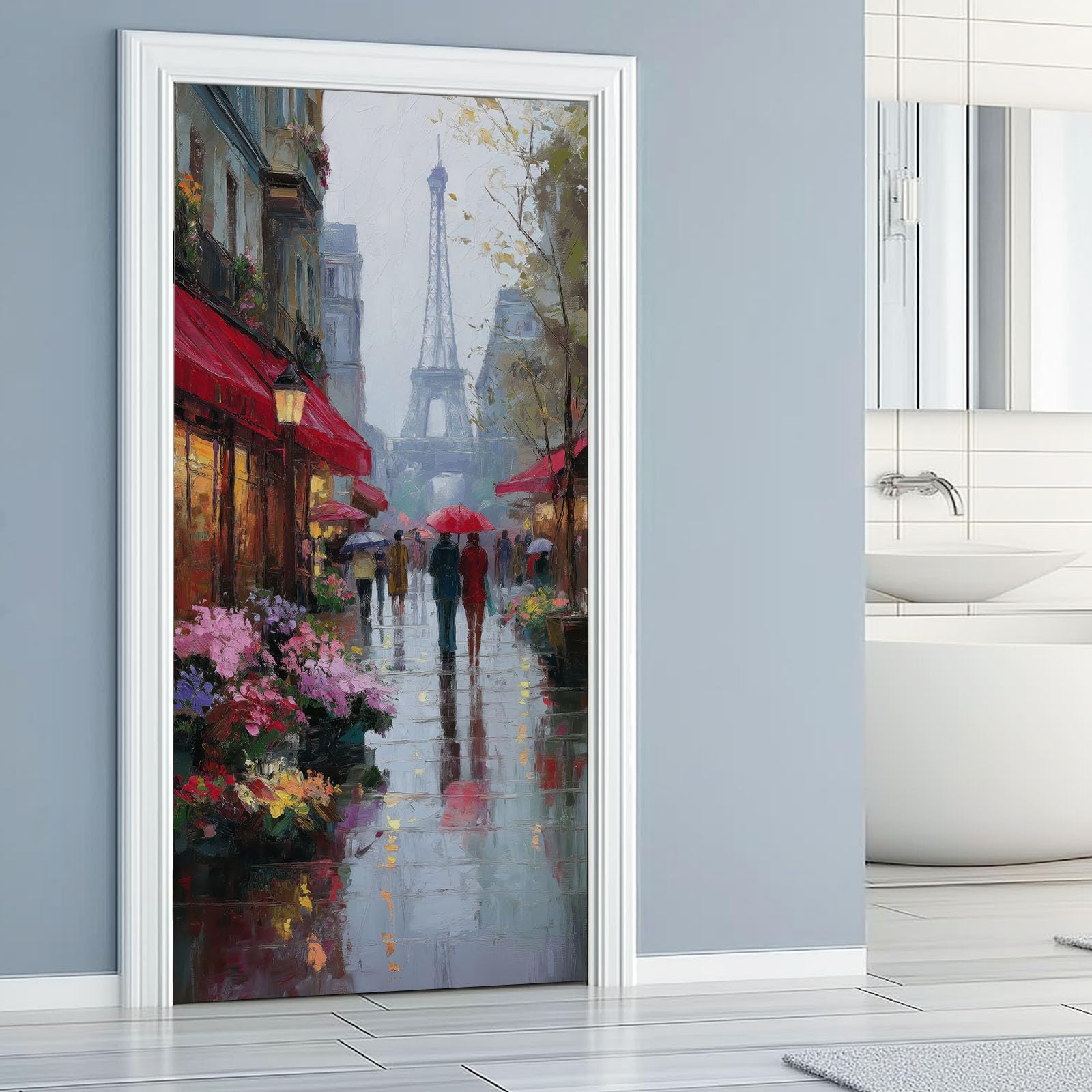 Samoprzylepna naklejka na drzwi, 88 x 200 cm, scena uliczna Paryża, Wieża Eiffla, vintage, miasto, usuwalna tapeta winylowa, szara, odklej i przyklej, plakat naklejki na drzwi do sypialni, dekoracja