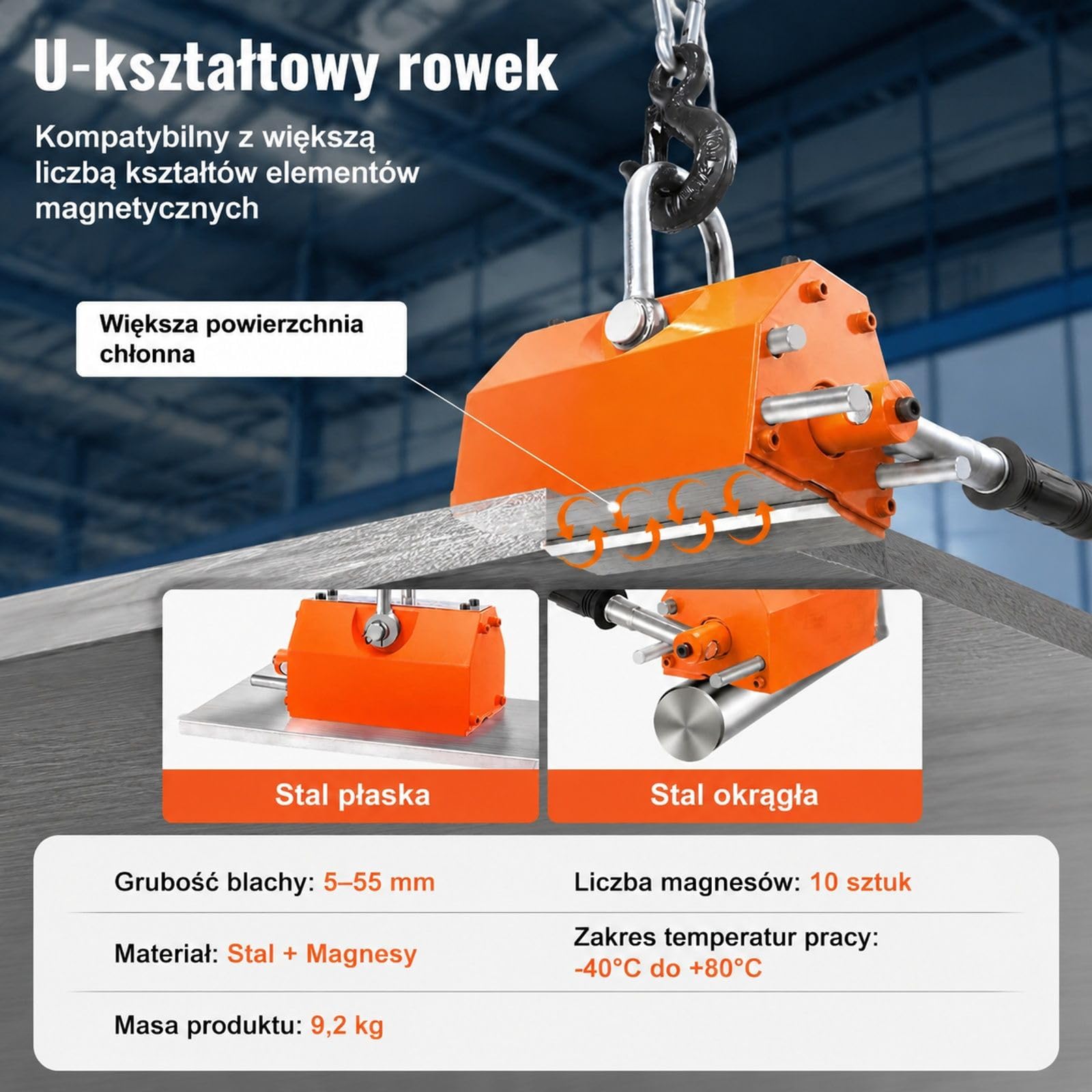 Magnes trwały 300 kg, żółty neodymowy podnośnik dźwigowy z hakiem i rowkiem U do blachy stalowej oraz okrągłych prętów