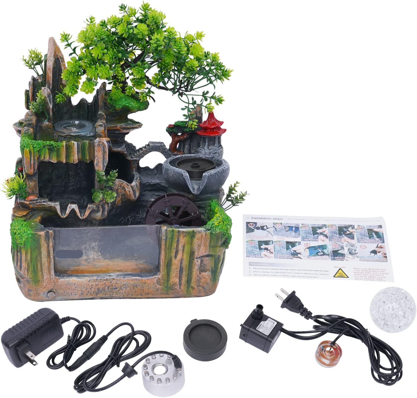 Tabletop Waterfall Fountain, Mini Rockery Fountain with Color-Changing LED Light, Indoor Resin Desktop Fountain Décor for Home Office, 7 x 11.8 x 13 Inch