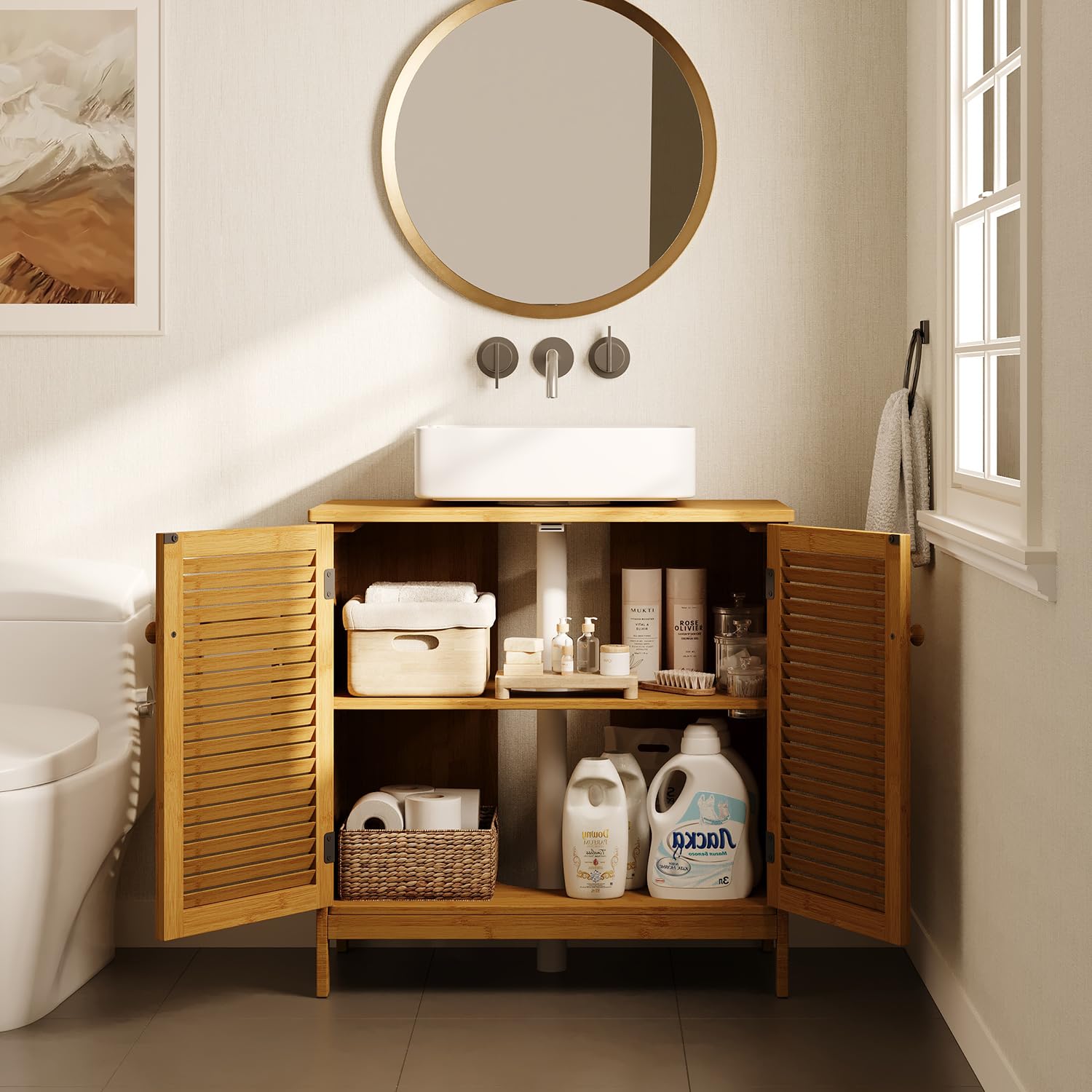 Xbro Mobile sottolavabo con 2 ante lamellari, ripiano regolabile, mobili da bagno per bagno, 60 x 30 x 60 cm,Colore legno di bambù