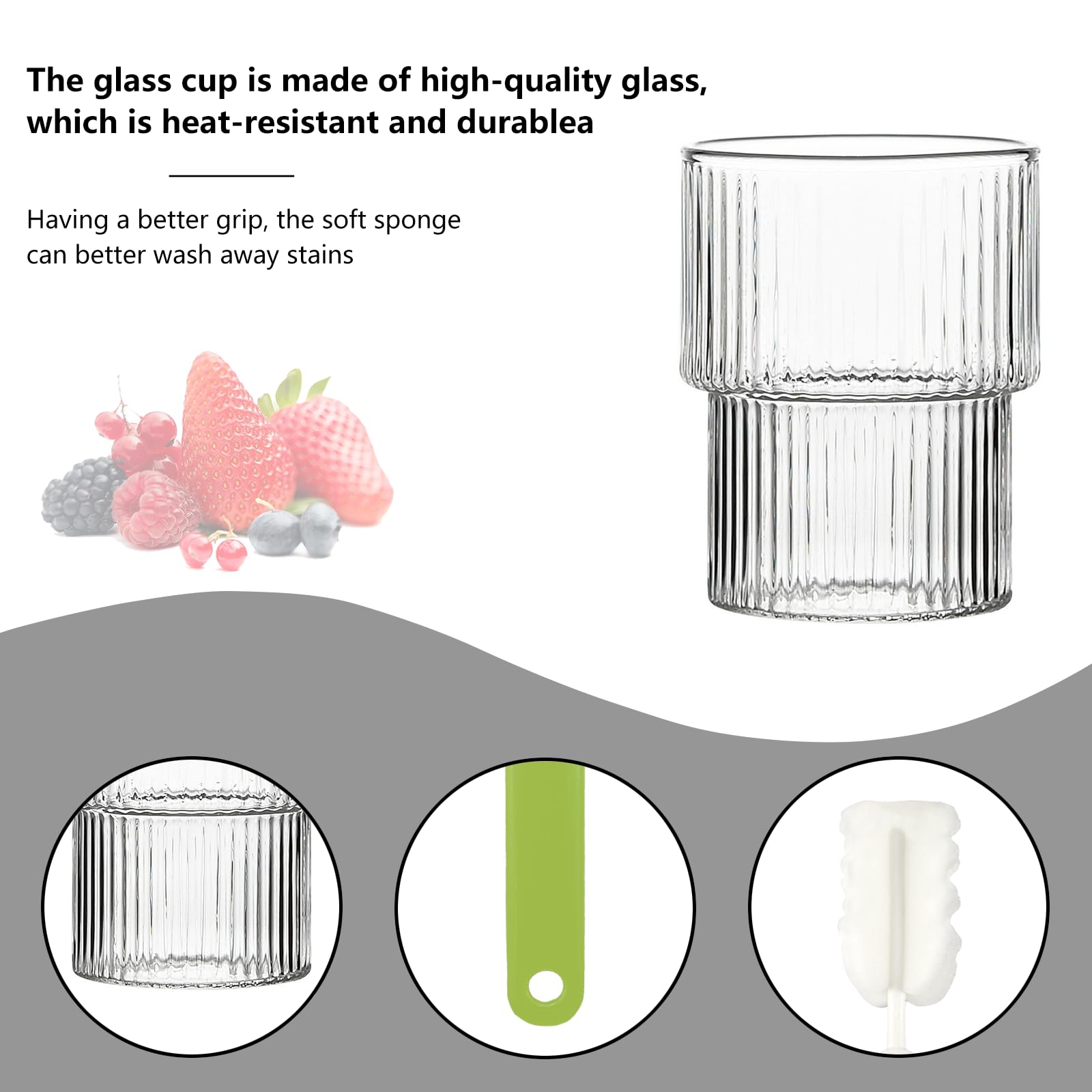 Lot De 4 Verres à Café Nervurés UptVin 300 Ml – Clairs, Empilables, Avec Brosse De Nettoyage (pour Café Glacé, Cocktails, Soda) - 2