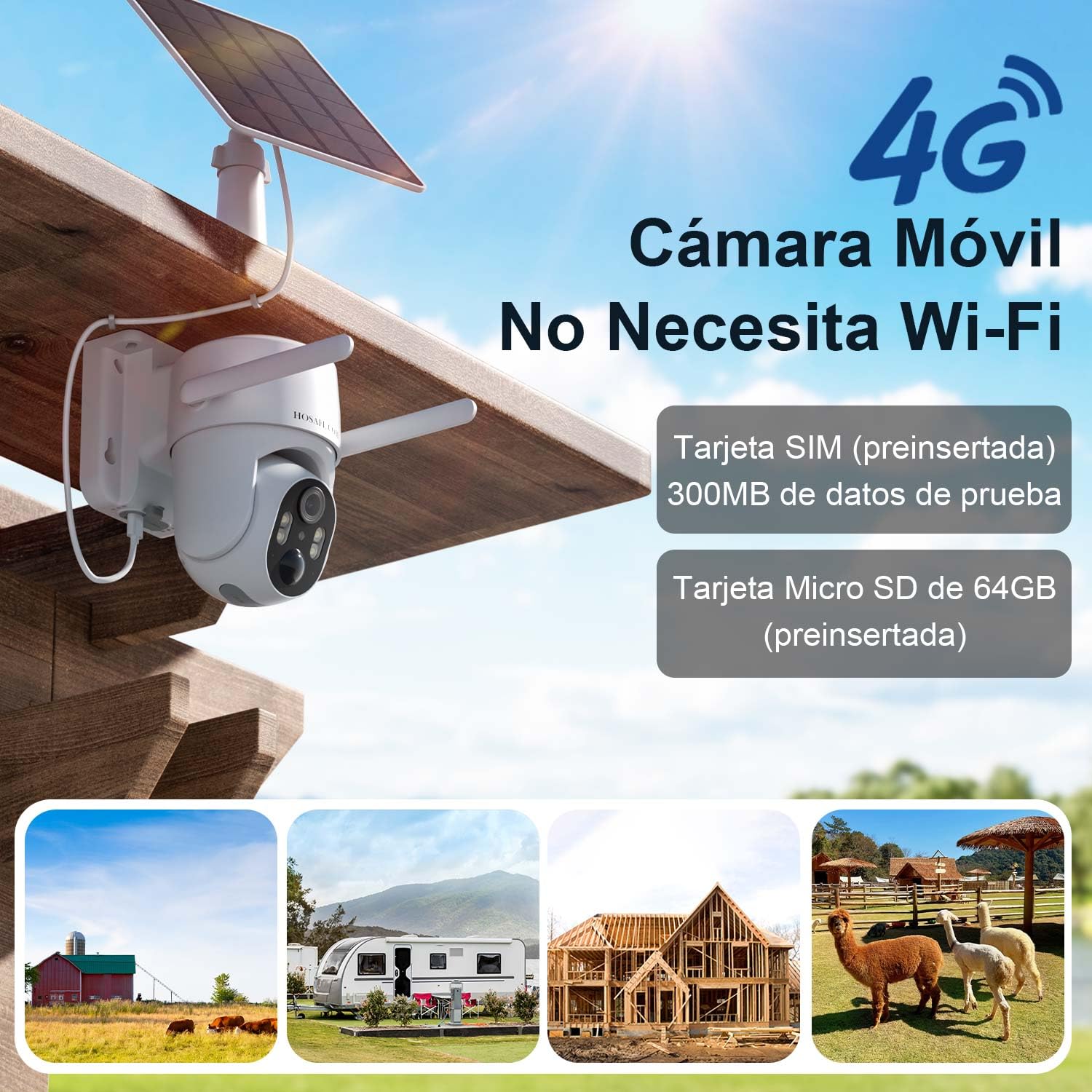HOSAFE.COM 4G LTE Camara Vigilancia Exterior Solar Sin WiFi, Camara de Vigilancia Exterior con Tarjeta SIM, Versión Nocturna en Color 2K, 360 Live View, Detección de Movimiento, Audio Bidireccional