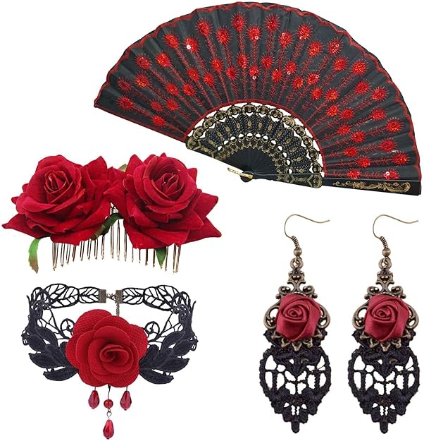 Halloween Flamenco Accessories,Women Rose Flower Hair Clip Embroidered Sequins Fabric Handheld Folding Fan,Choker Earrings