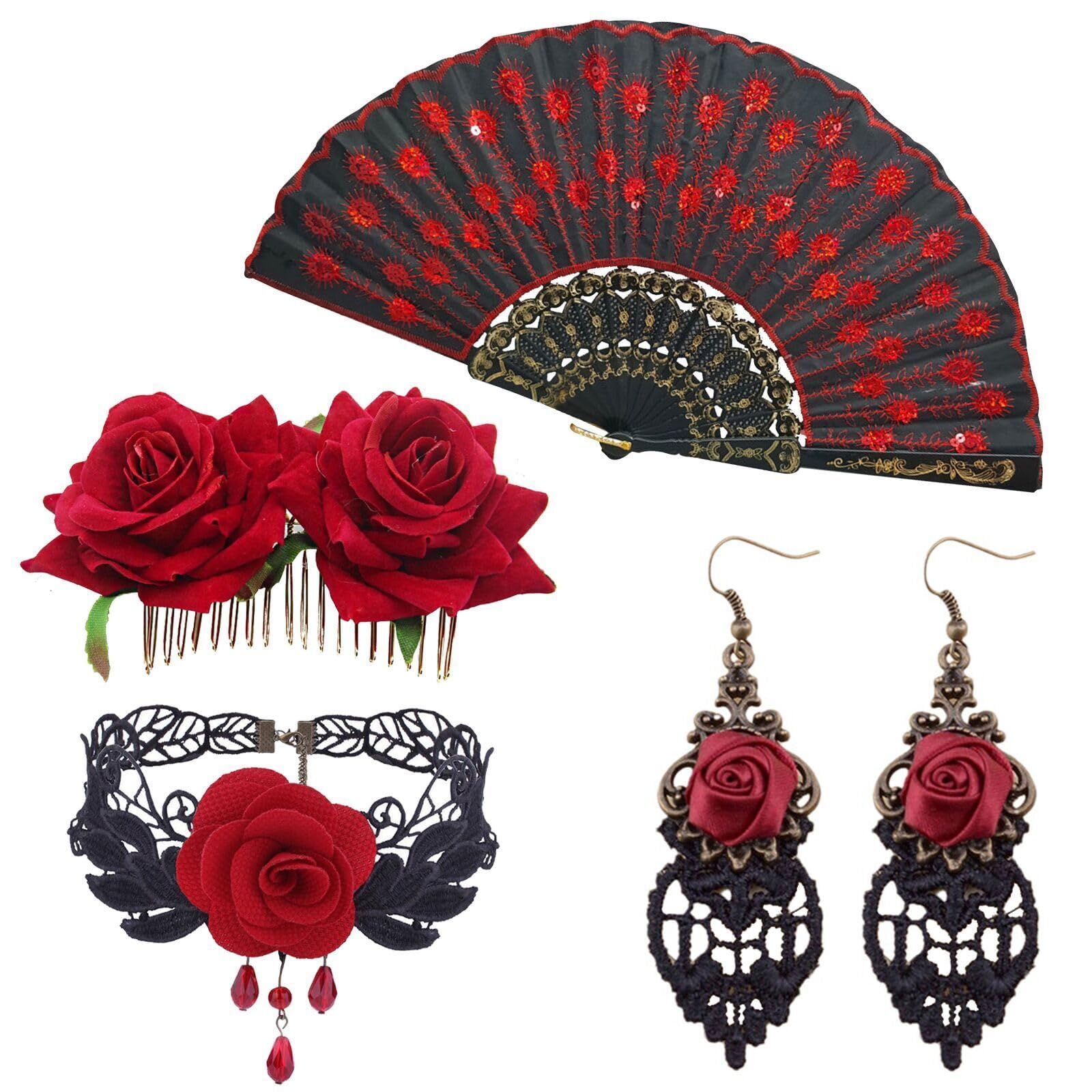 JDRGJTH Halloween Flamenco Accessories,Women Rose Flower Hair Clip Embroidered Sequins Fabric Handheld Folding Fan,Choker Earrings