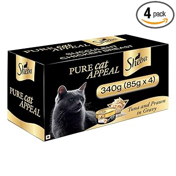 Sheba Adult Deluxe Premium Wet Cat Food, Tuna Fillet & Whole Prawns in Gravy, 4 Cans (4 x 85g)