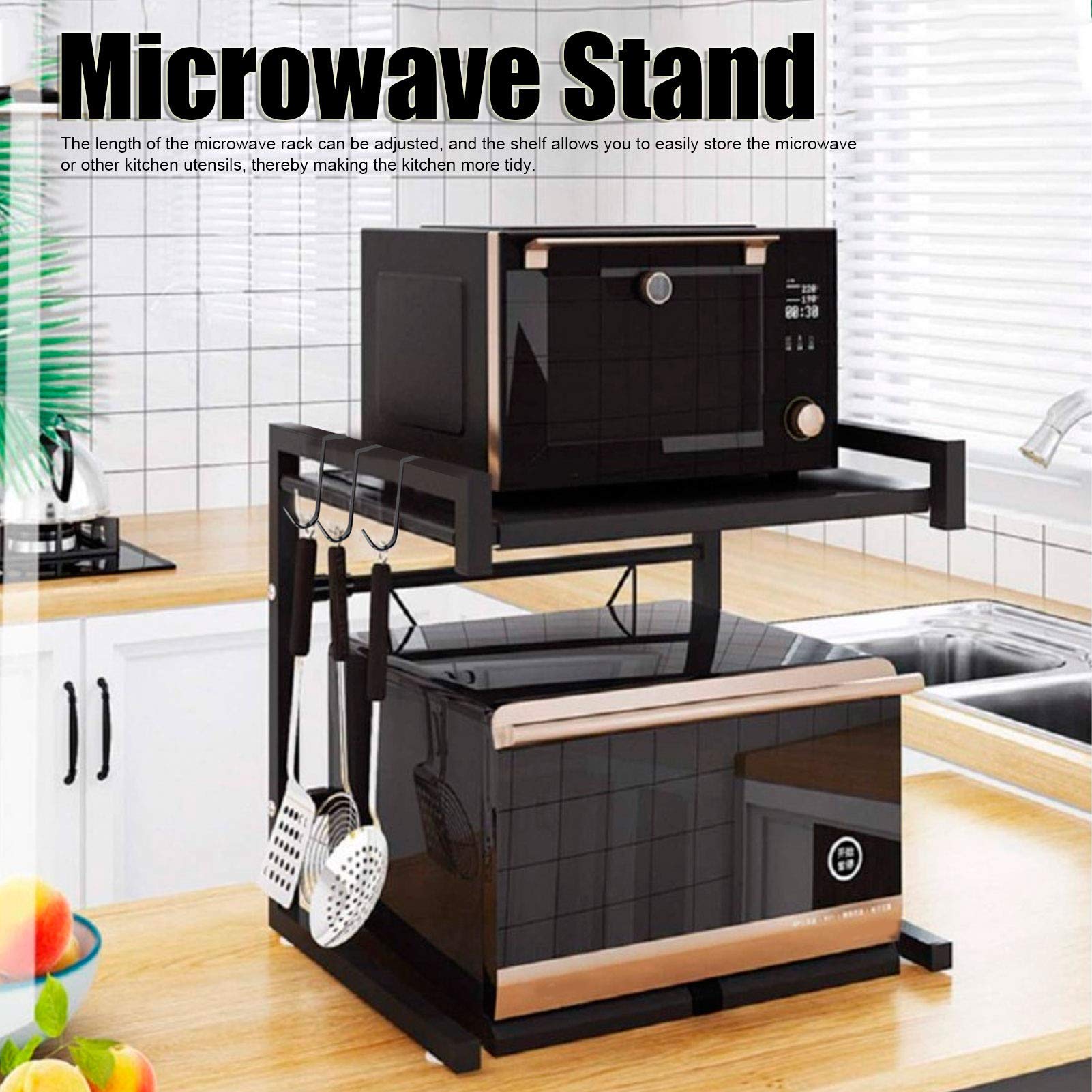 Dioche Metallo Forno a Microonde Rack Tostapane Scaffale, Mensola Microonde Allungabile Forno a Microonde Risparmio di Spazio Armadietto Organizzatore Supporto per Spezie, Nero