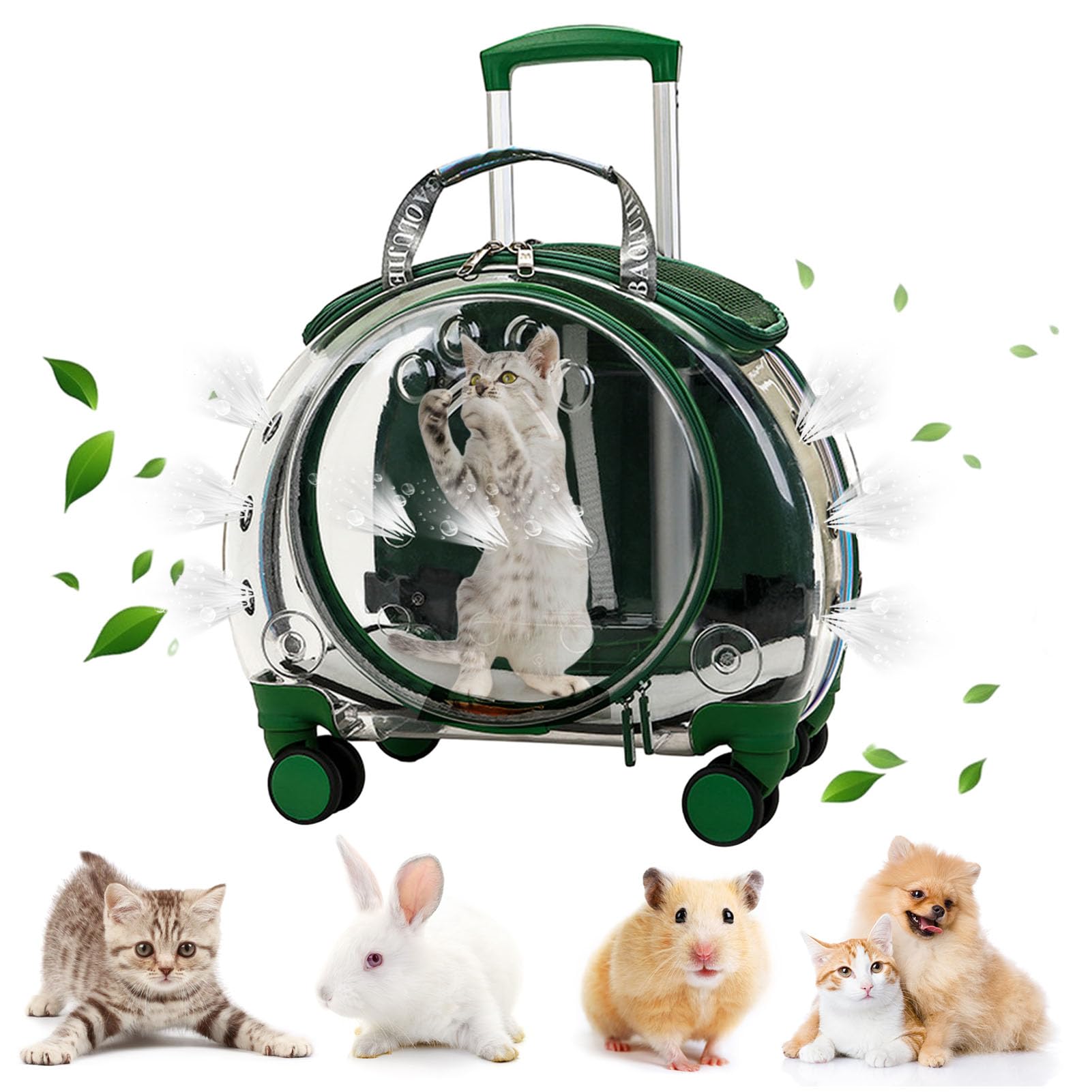 pofluany Transparent & Fully Breathable Pet Carrier Backpack Transparent Bubble Pet Carrier with Trolley Wheels for Dogs, Cats, Parrots or Bunnies, Pet Strollers for Small Dogs (Green)