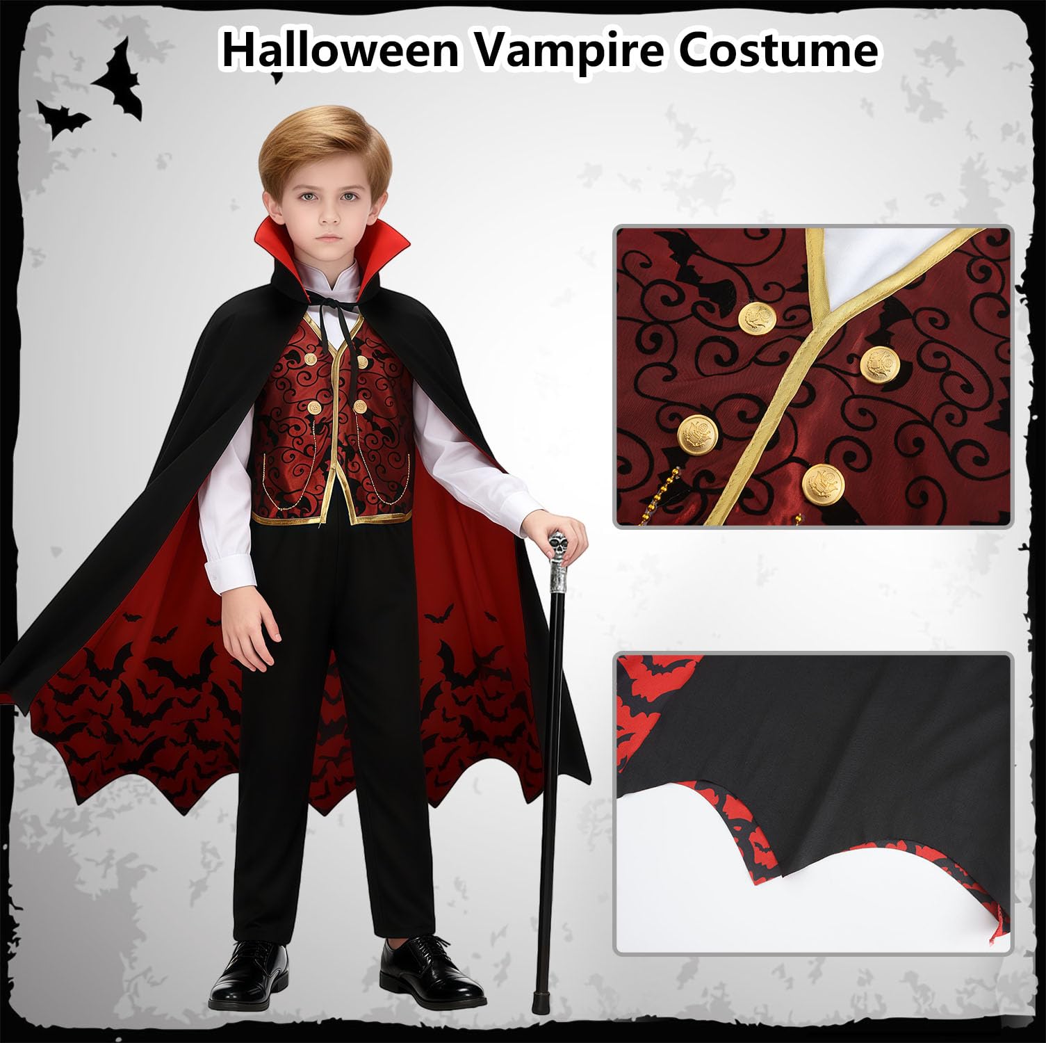 Costume de vampire pour enfant, garçon, gothique, royal, médiéval, gothique, pour carnaval, fête d'anniversaire, avec accessoires de luxe, canne de vampire, phosphorescente dans le noir,
