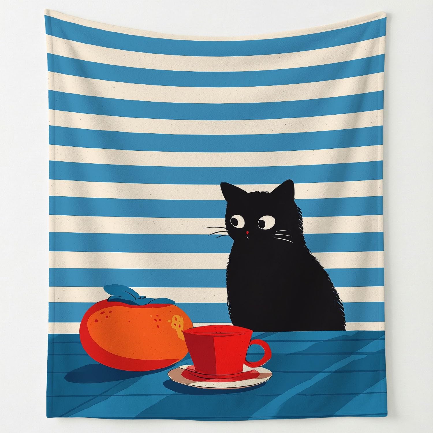 Générique Niebiesko-czarny flanelowy koc z minimalistycznym wzorem komiksowym, geometria kota, przytulny koc 180 cm x 200 cm, na łóżko, sofę, wystrój pokoju dziecięcego