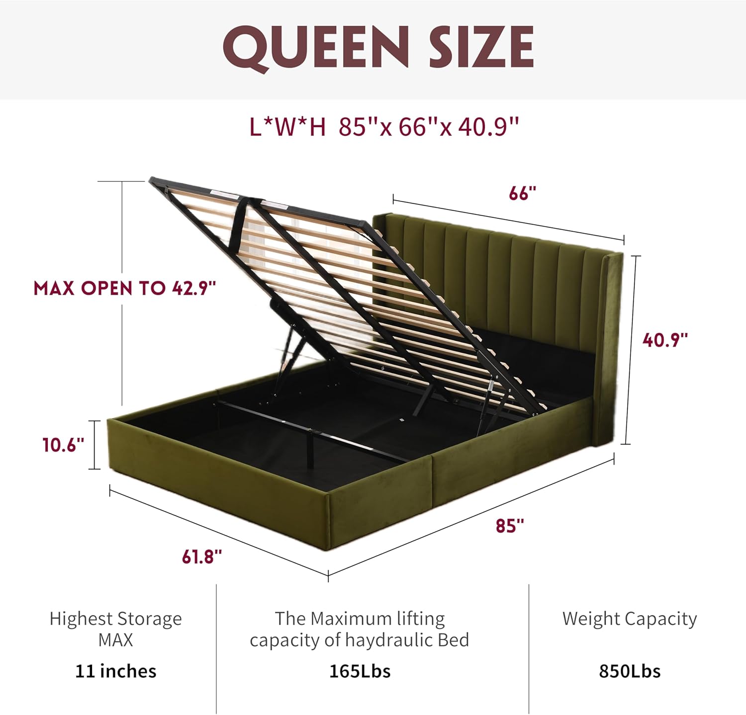 Queen Size Hydraulic Lift Up Upholstered Storage Bed with WIngback Headboard,Pistachio