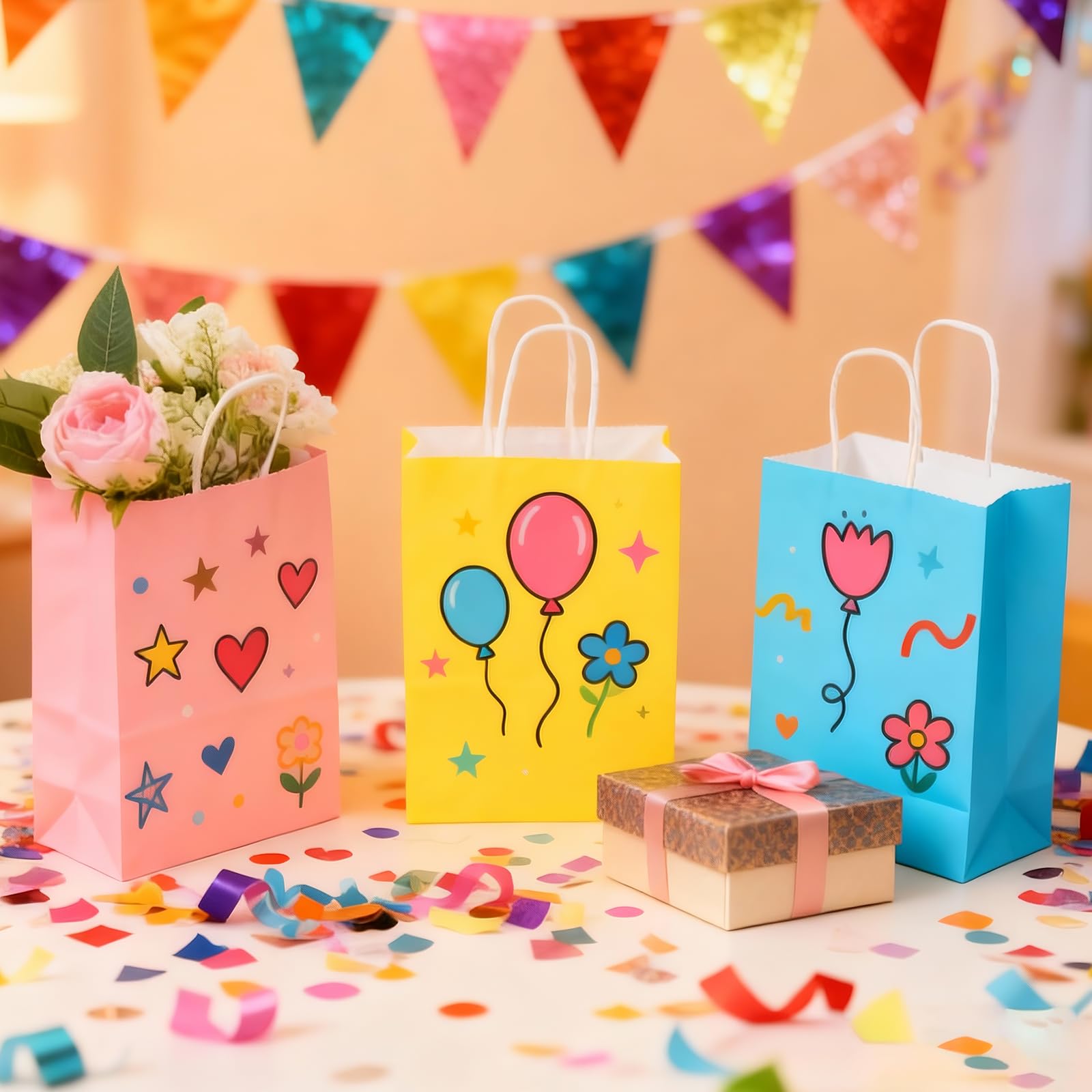 XEMGUE Confezione da 36 piccoli sacchetti regalo di carta con manici, 15,8 x 7,6 x 22,5 cm, 10 colori in carta kraft, per feste di compleanno, baby shower, artigianato, matrimoni, forniture per feste
