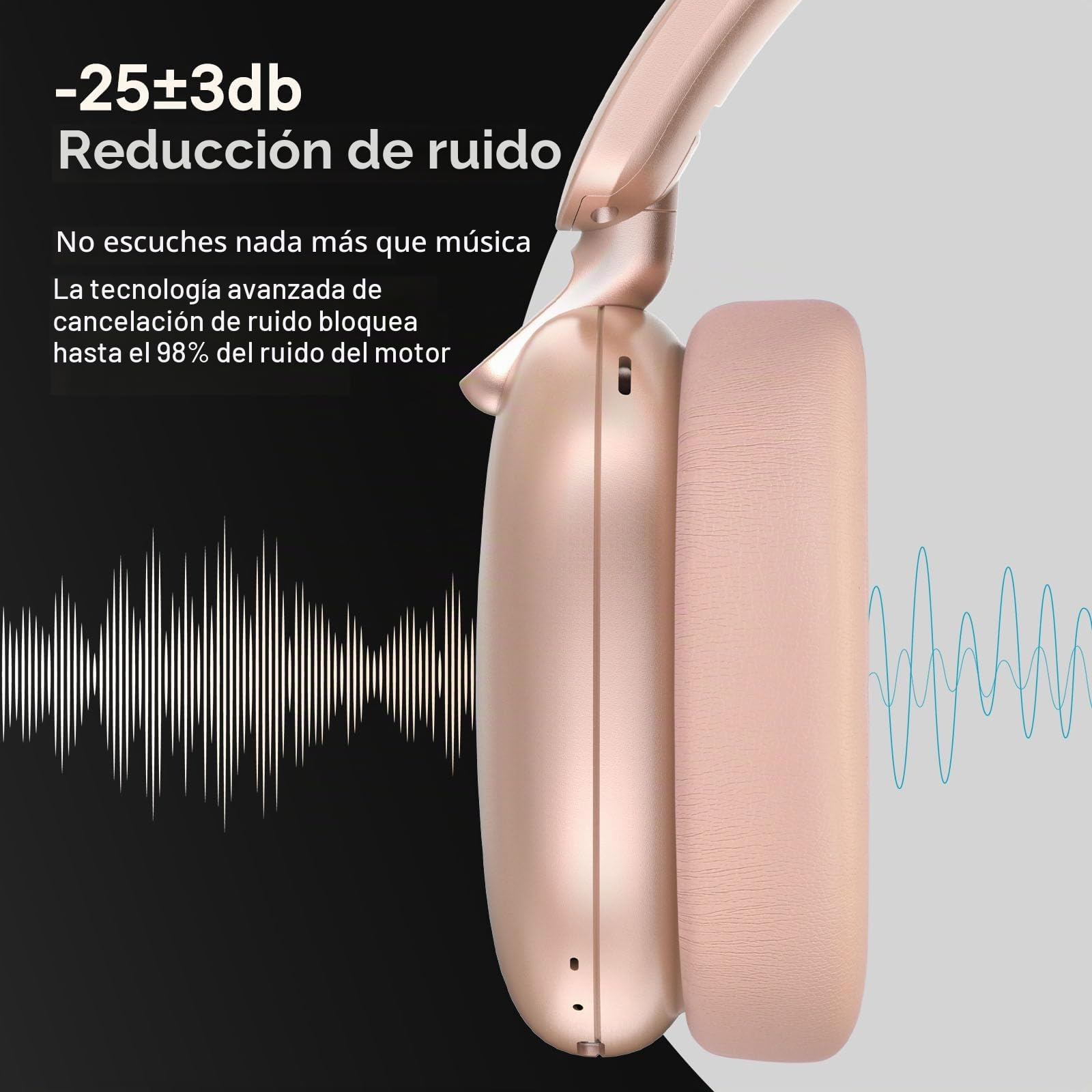 Auriculares C6 con Cancelación Activa de Ruido, Auriculares Bluetooth Over-Ear Inalámbricos, Diseño Ligero y Plegable con Copas Profundas para Bass Potente y Ajuste Cómodo, Color Rose or