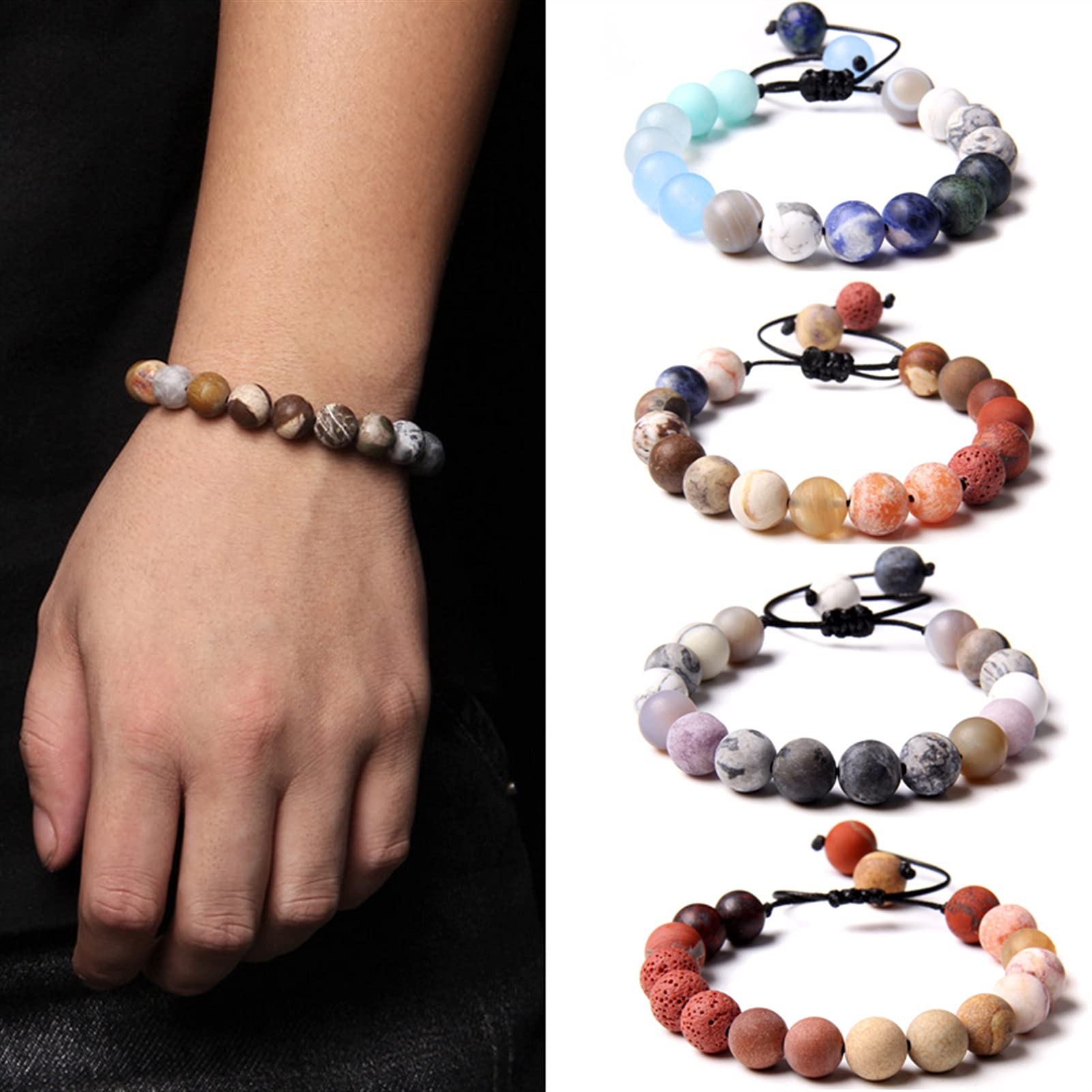 Naturstein-Armband, natürliche Chakra-Steine, Perlen-Armbänder, Herren, Vintage, verstellbar, schwarzes Seil, geflochtenes Armband für Frauen, gewebter Kettenschmuck, Armband-Schmuck