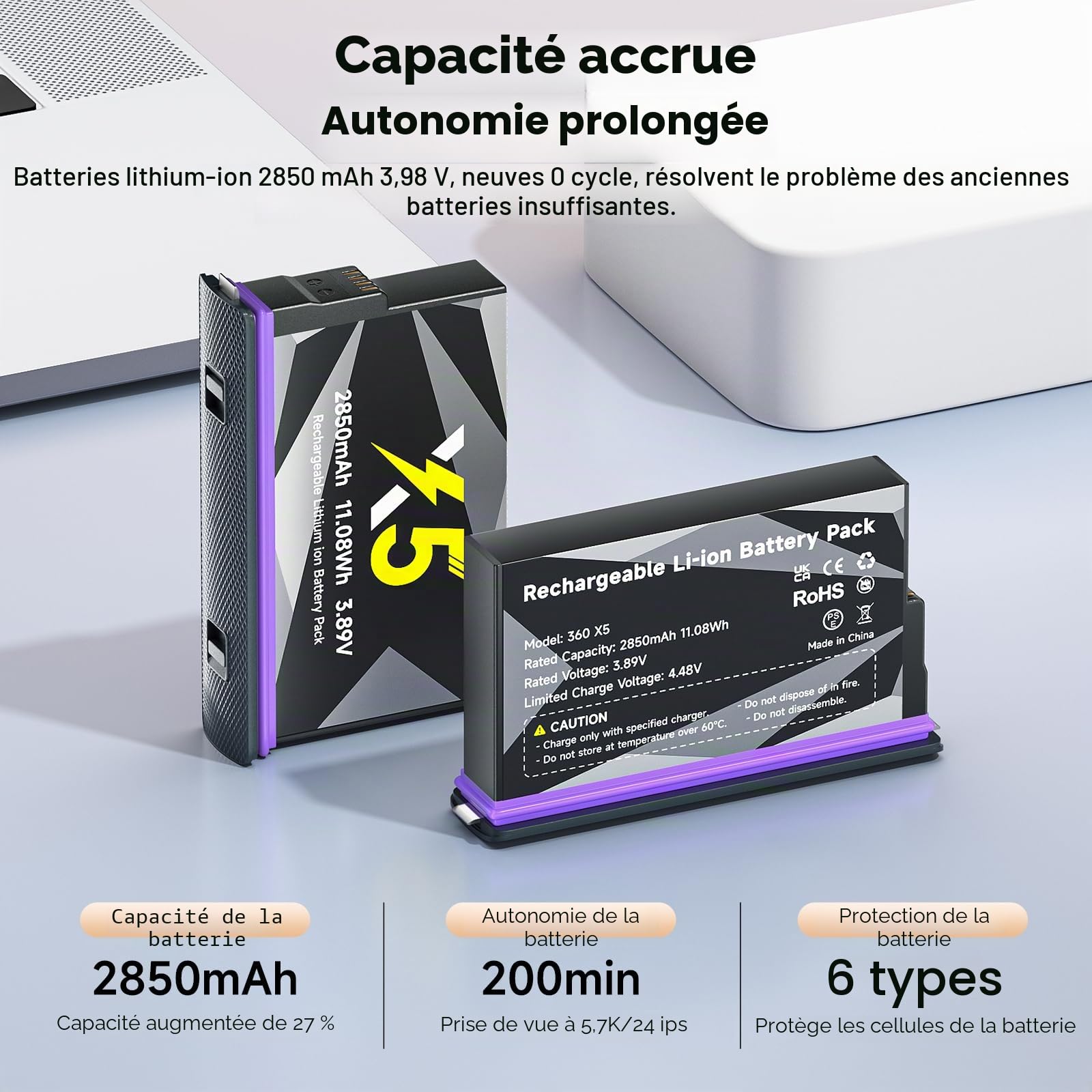 CITYORK [Lot de 3] Batterie de rechange 2850 mAh pour appareil photo de sport Insta360 X5, batterie rechargeable pour accessoires Insta360 X5, longue durée de vie, remplacement facile [avec boîtier