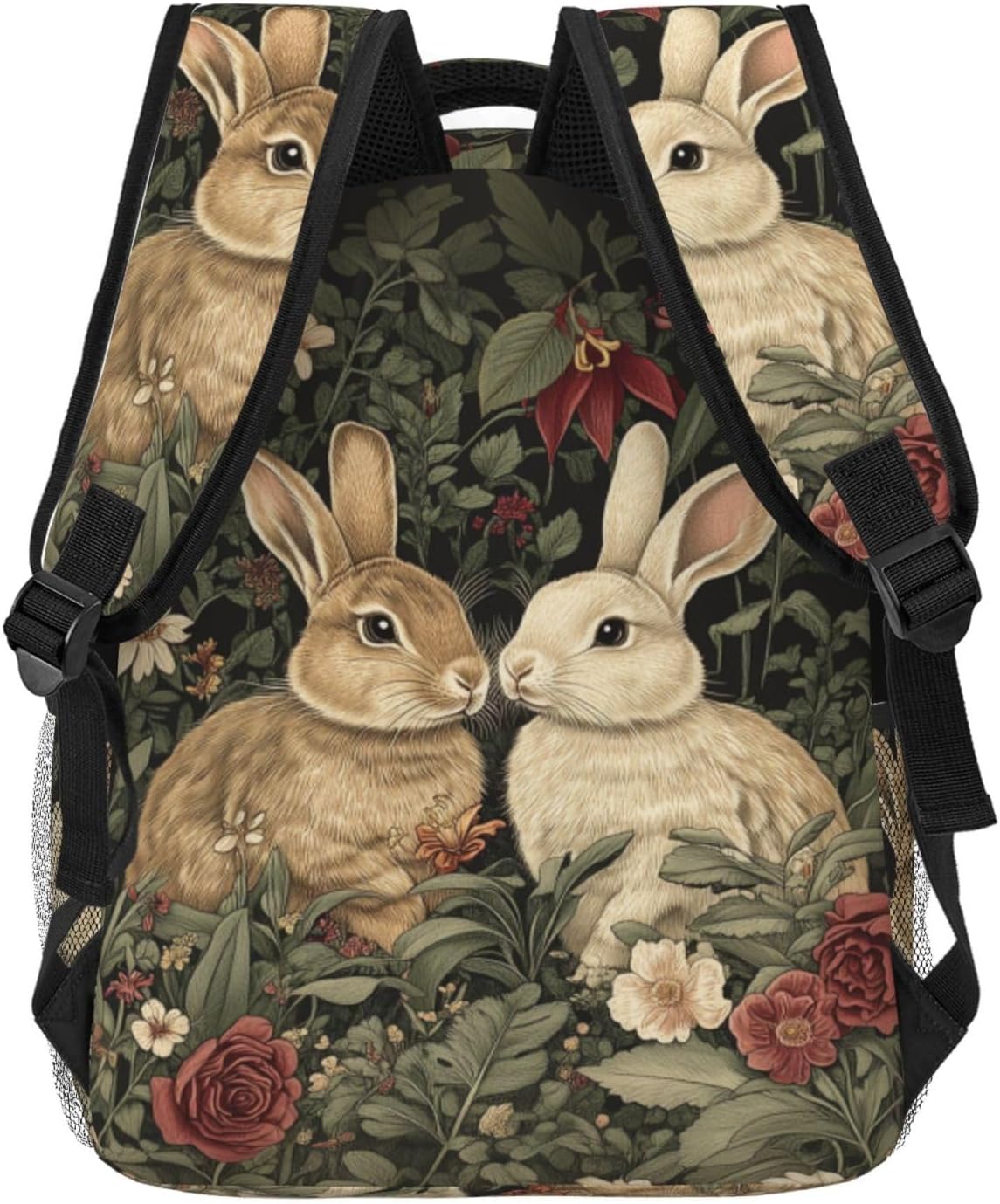 Rabbit Floral Casual Backpack, Lightweight Laptop Bag Daypack, Flower Botanical and Bunny Backpacks for Women Girls Teens Students, Vintage Polyester Bookbag Gifts for School Work Travel Hiking - Image 3