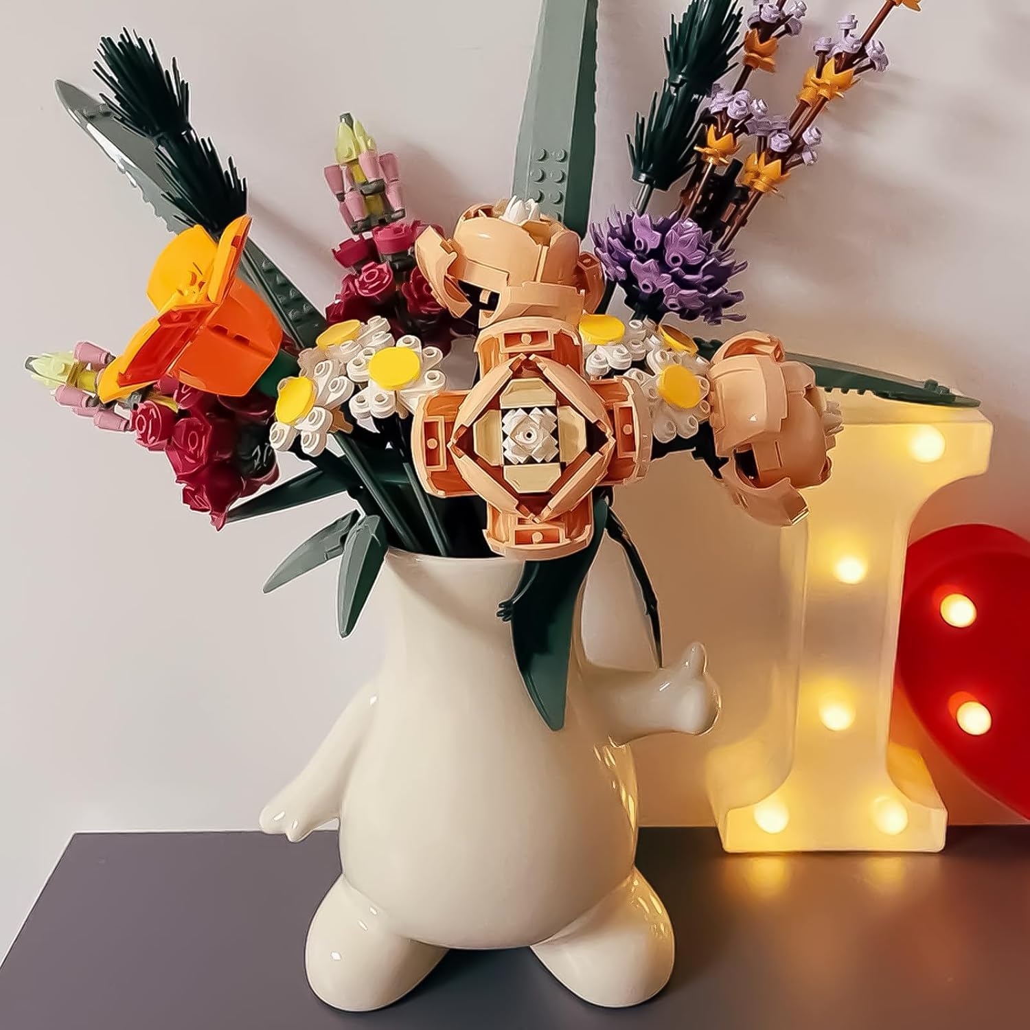 8 Inch Ceramic Vase for Building Block Flower Bouquet, Cute Thumbs Up Body Shape Vase for Lego-Compatible Flowers, Unique Desk Decor for Office & Home, Funky Gift for Women Men (Beige)​