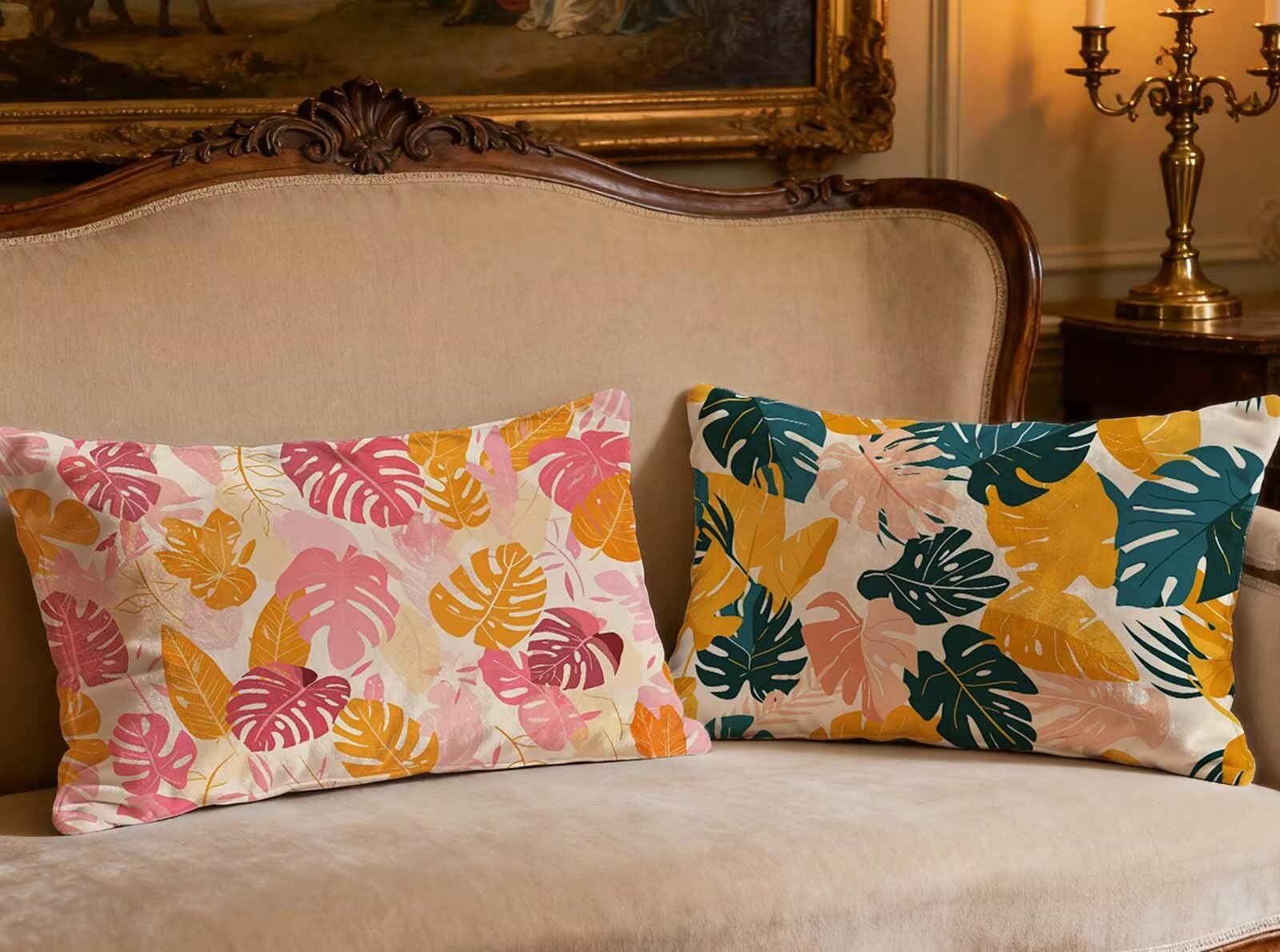 Coussin feuille orange en velours 40x70cm pour déco salon et canapé