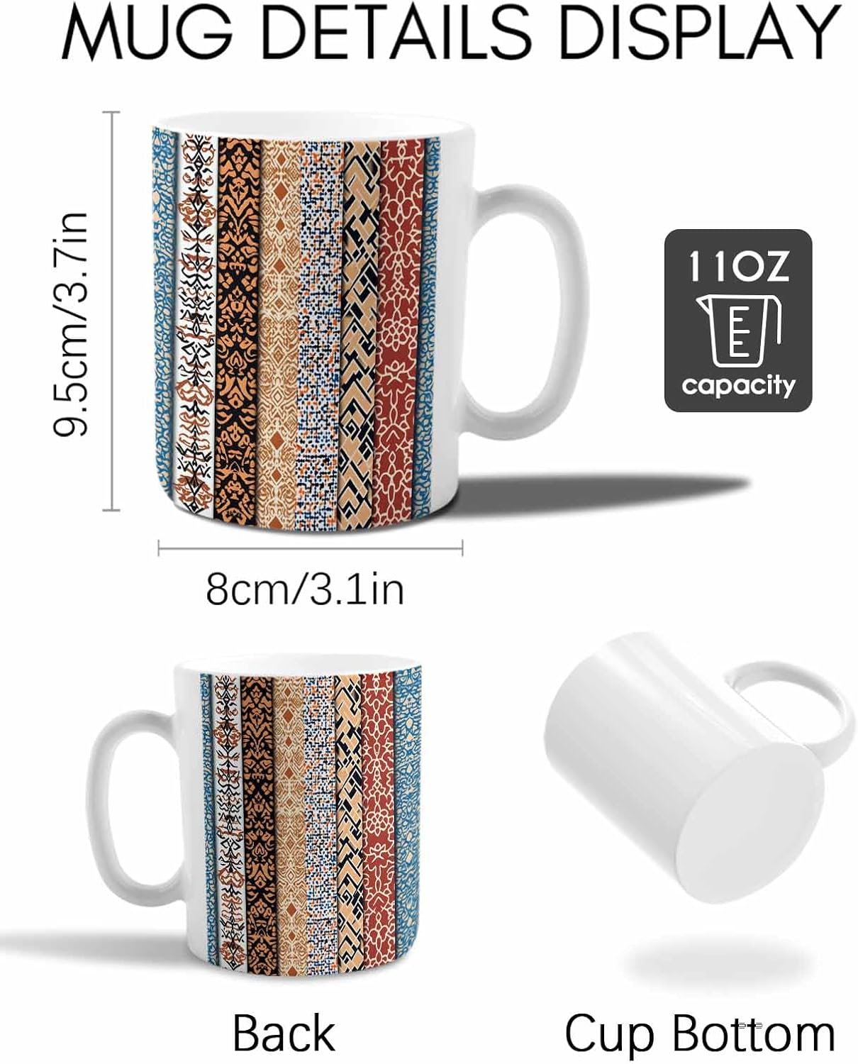 BEMIGO Ceramic Coffee Mug Ethnic Retro Floral Ceramic Mug White Cup, Boho Stitching Stripe Insulated Coffee Cup with Handle with Pattern Perfect for Tea and Hot Beverages, 12oz