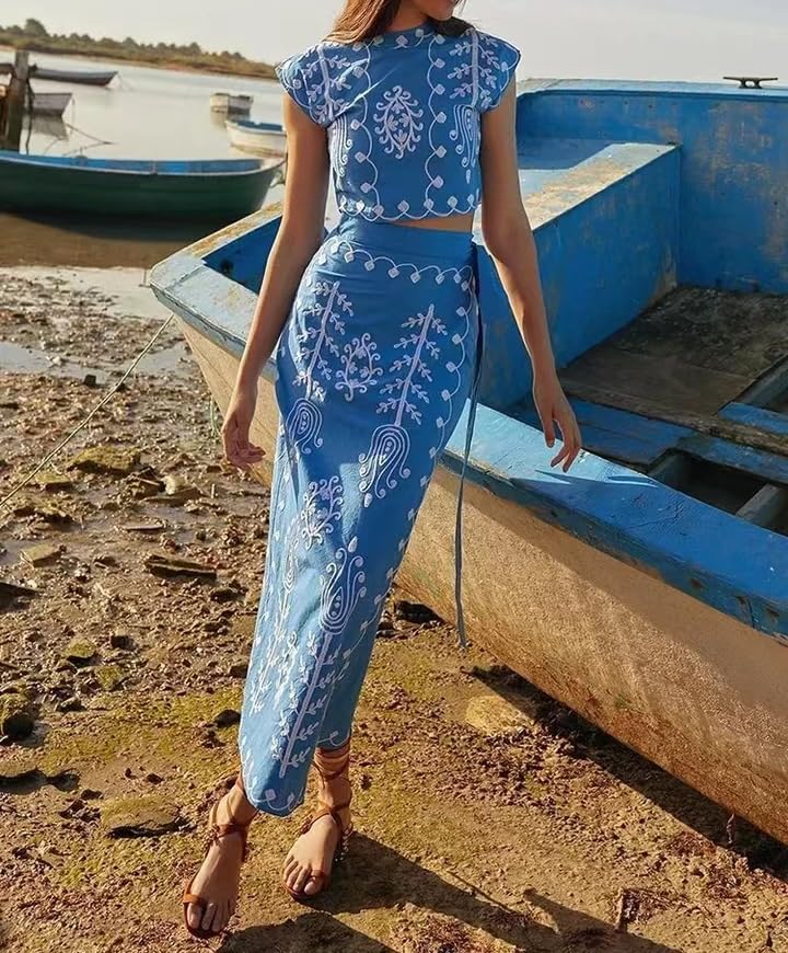 MOLERFO Linen Set Embroidery Two Piece Sets for Women Summer Boho Maxi Skirt Set 2 Piece Sets for Women Going Out (Blue,XS)2