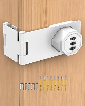 90 Degree Cabinet Combination Door Lock Latch, Zinc Alloy Password Rotary Hasp Lock, Keyless Folding Latches for Office File Cabinet, Drawers, Cupboard, Small Doors, Locker 1, White