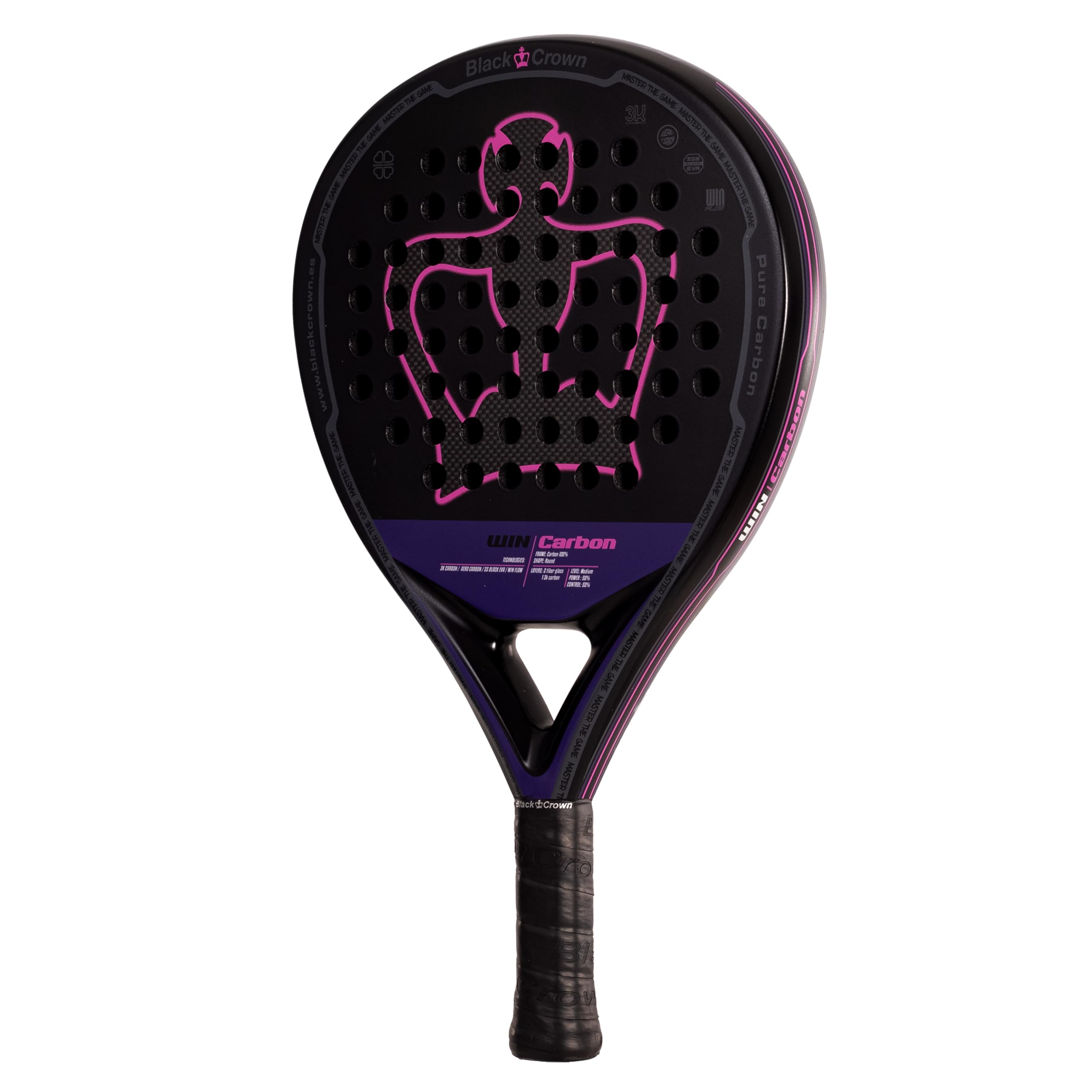 Black Crown - Win Carbon forma rotonda, gomma Super Soft EVA, doppio tubolare carbonio 100%, carbonio 3K, ampio sweet spot, morbidezza e comfort.