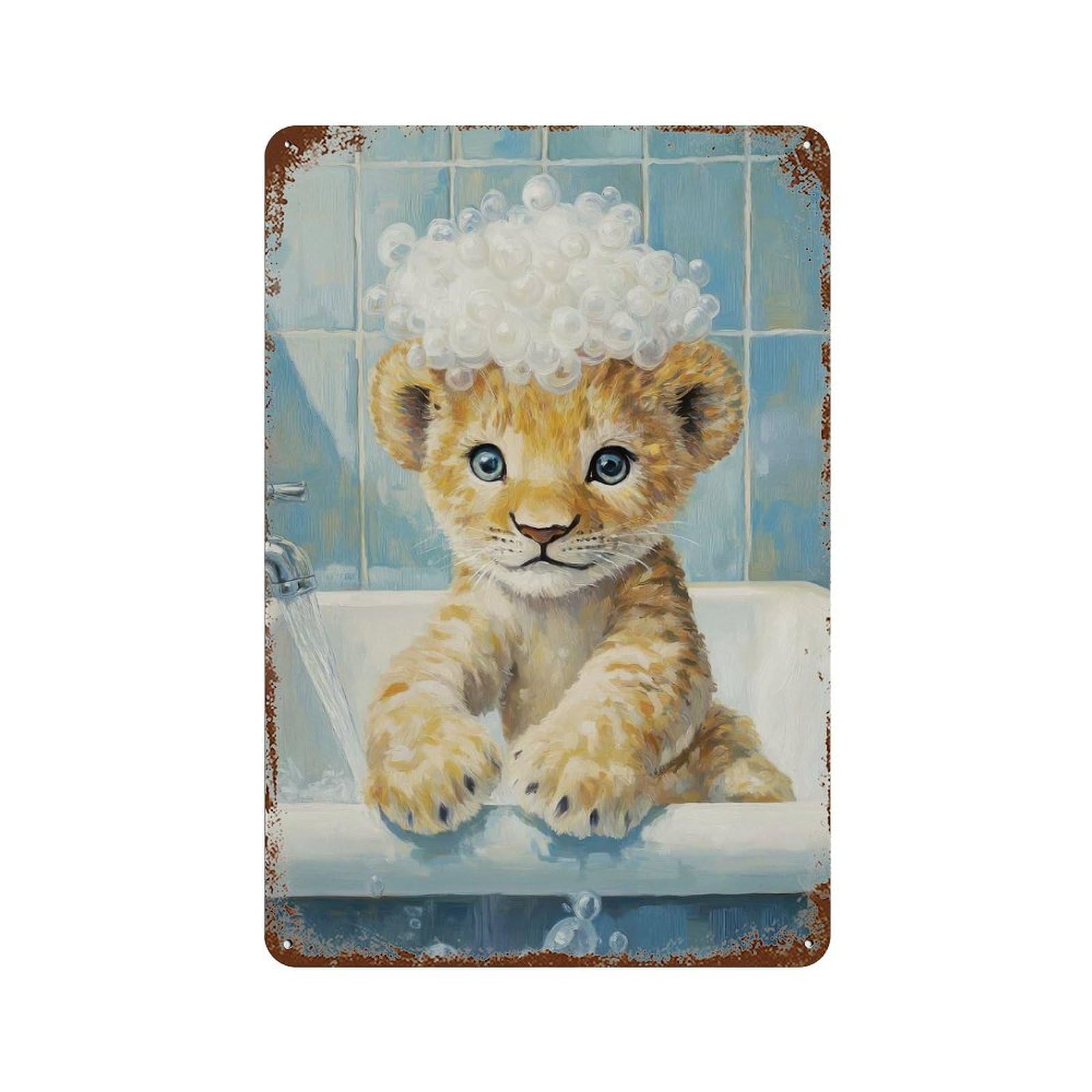 Lion Cub Bath Time Decorative Tin Sign 11.8"x7.9", Shabby Chic Decor for Garage, Pub Or Kitchen