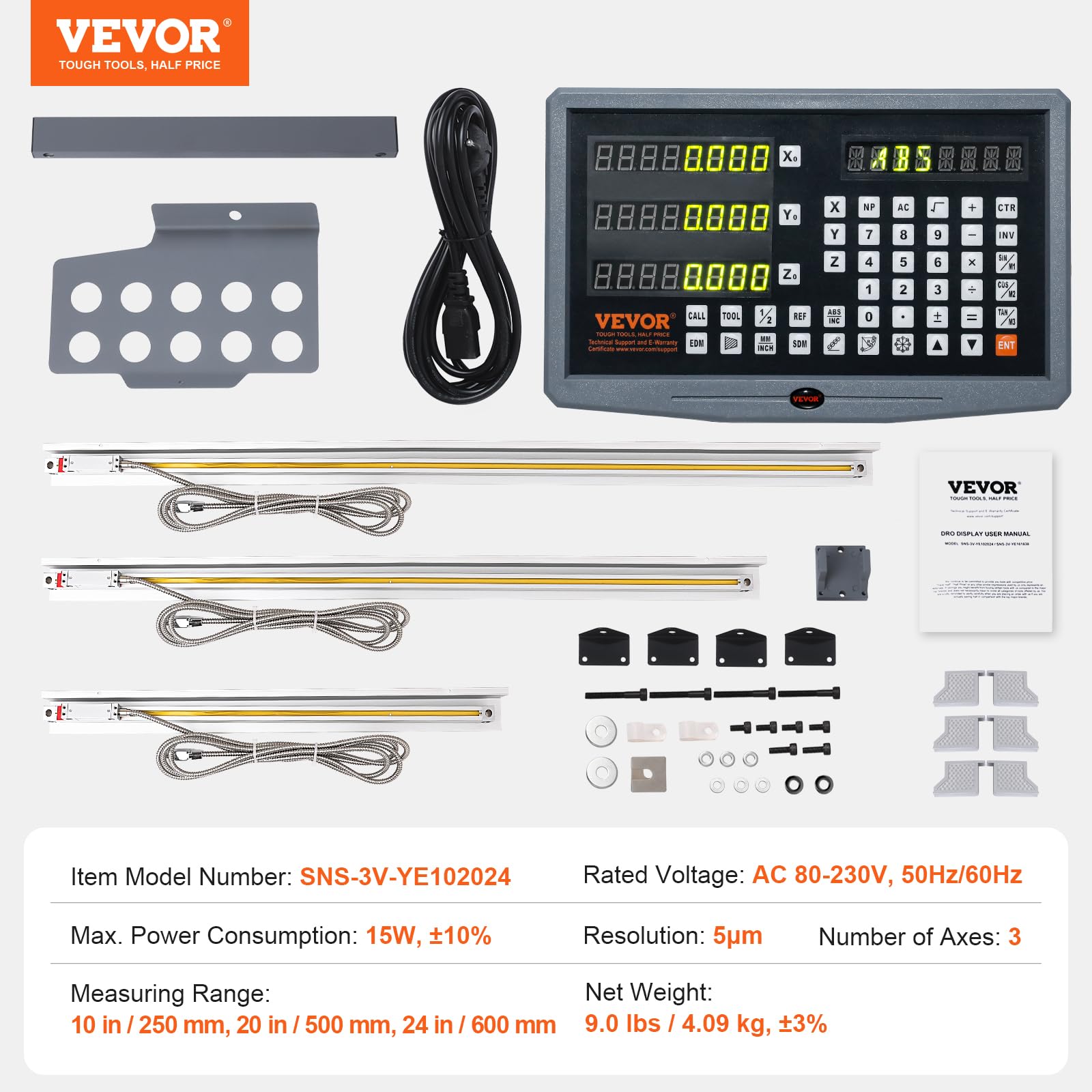 VEVOR Display digitale, 250, 500, 600 mm, scala lineare a 3 assi DRO asta di supporto portacoltelli piastra cavo di alimentazione supporto dell'orologio pezzo a farfalla vite coperchio righello