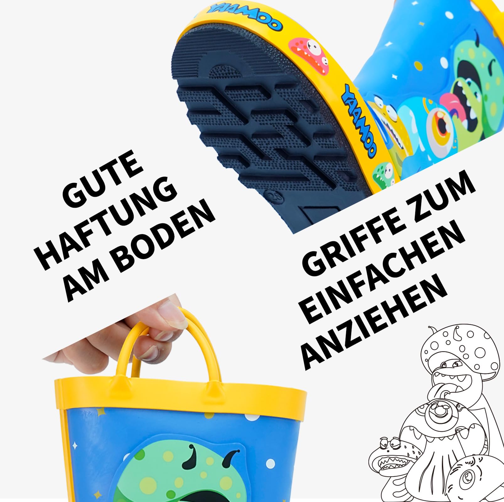 Gummistiefel Kinder mit Griffen, Gumischtifel für Jungen & Mädchen Outdoor, Wasserdichte Regenstiefel Kinder, Anti-Rutsch Sohle, Gr. 23-34