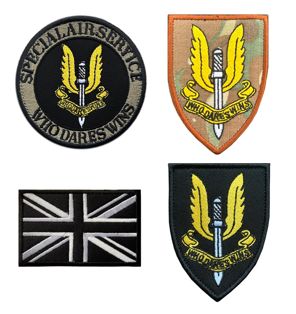 4 PCS United Kingdom British UK Great British Union Jack Army SAS Special Air Service Embroidered Tactical Patch Emblem Hook and Loop Patches for Armband,Airsoft Badge Applique