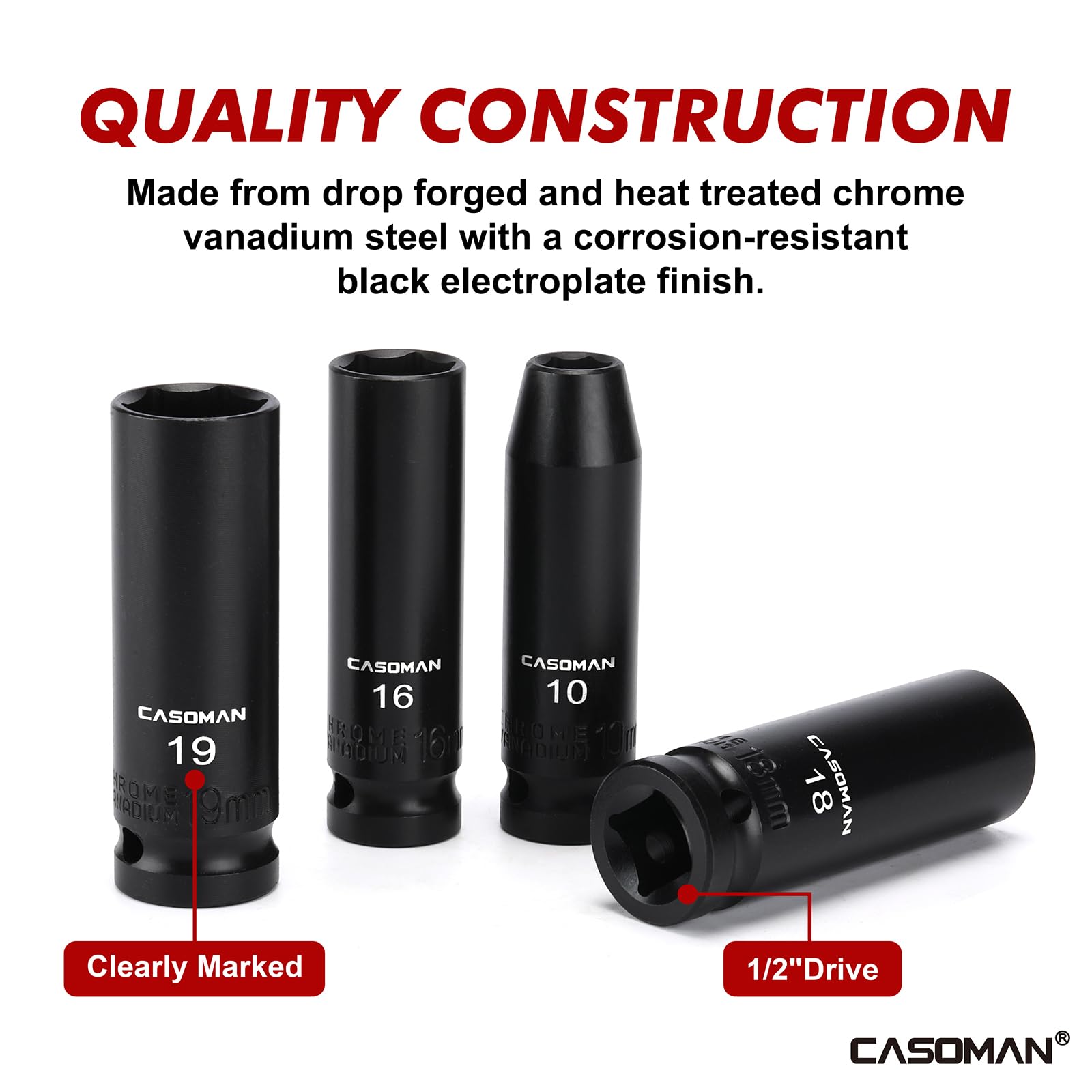 CASOMAN 16 PCS 1/2-Inch Drive Metric Impact Socket Set, 10 to 32mm, 6-Point Deep Impact Sockets, CR-V, 16-Piece (10mm - 32mm) - Image 3