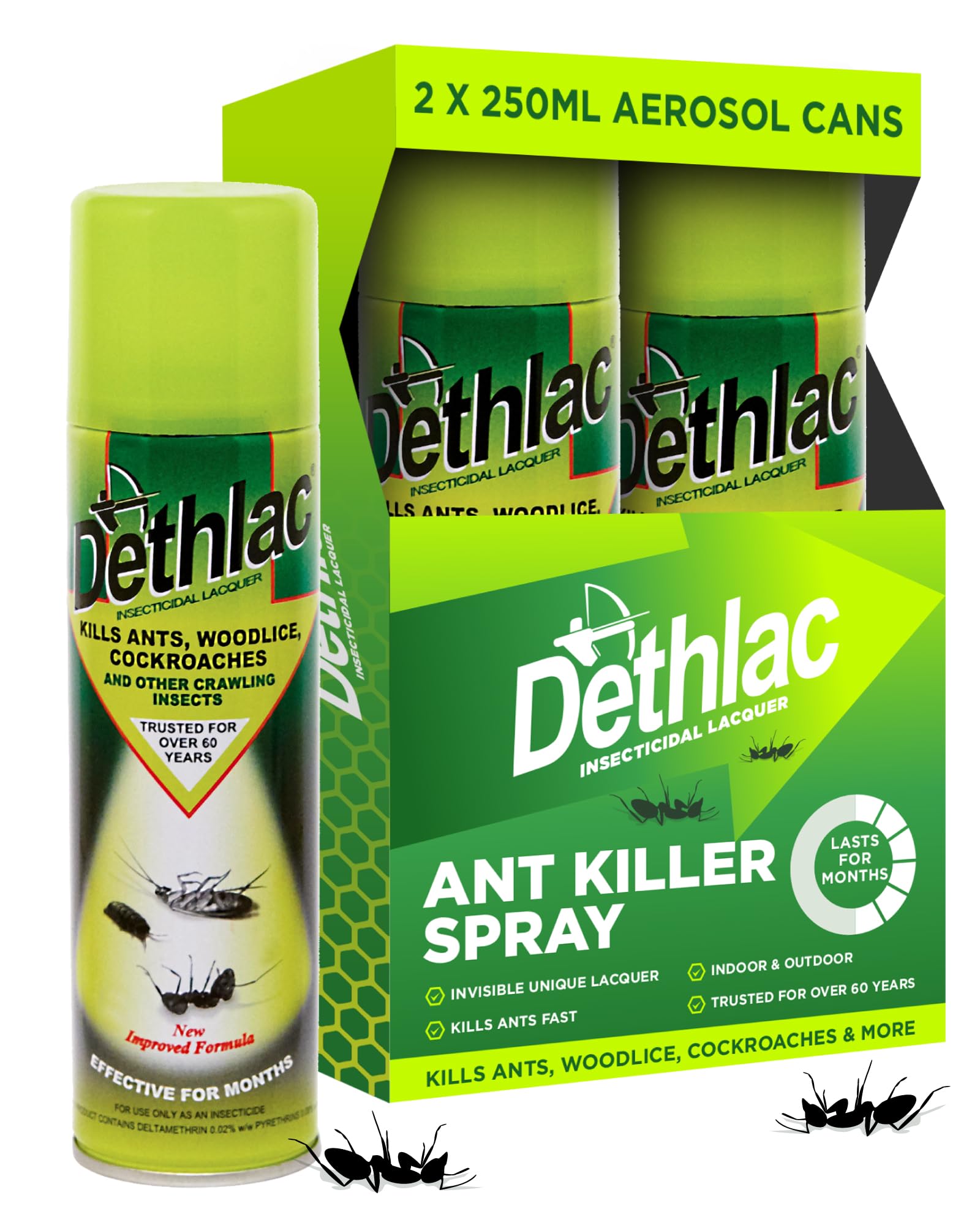 Dethlac 2 x Spray | Ant Killer Indoor & Outdoor 250ml Aerosol | Insect Killer Indoor & Outdoor Use – Insecticide Bug Spray Lacquer - Effective for Ants, Cockroach, Woodlice, & Other Crawling Insects