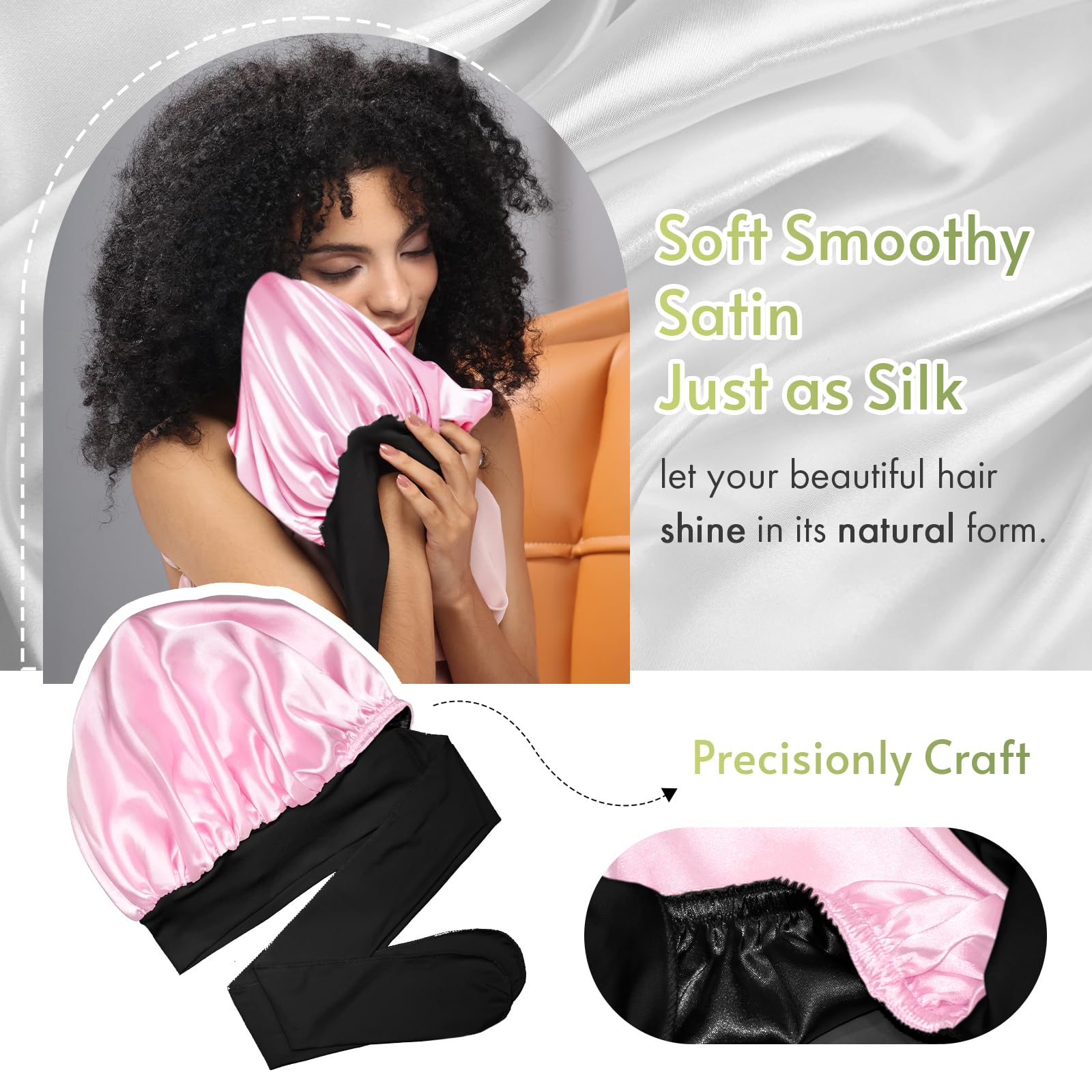 〽️Women 2 Pink Double Layer Hair Wrap Reduce Friction Prevent Frizz Satin Bonnet XL Satin Sleep Bonnet for Curly & Frizz-Prone Hair main image 4