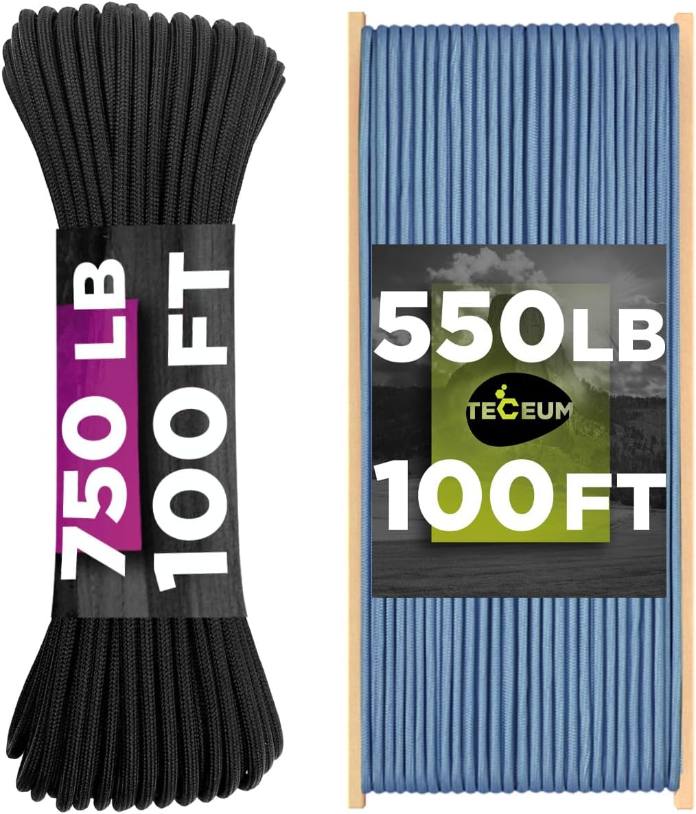 Bundle of 2 Items – TECEUM Paracord Type IV 750 lb Black 100 ft & Type III 550 Blue Oil 100 ft – 4mm – Nylon Strong Tactical MIL–SPEC Parachute Cord – Survival Emergency EDC Camping Hiking Military