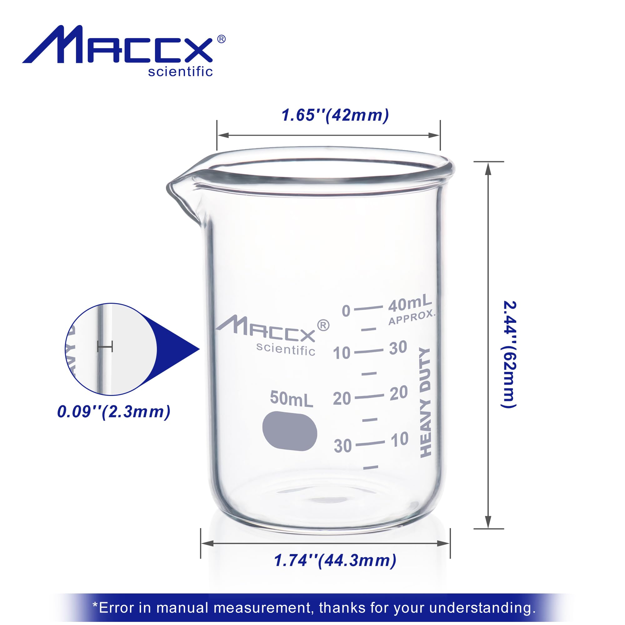 Vaso de vidrio resistente de 1.7 onzas (50 ml), forma baja de borosilicato 3.3 con graduación impresa, paquete de 24, BKL050-024