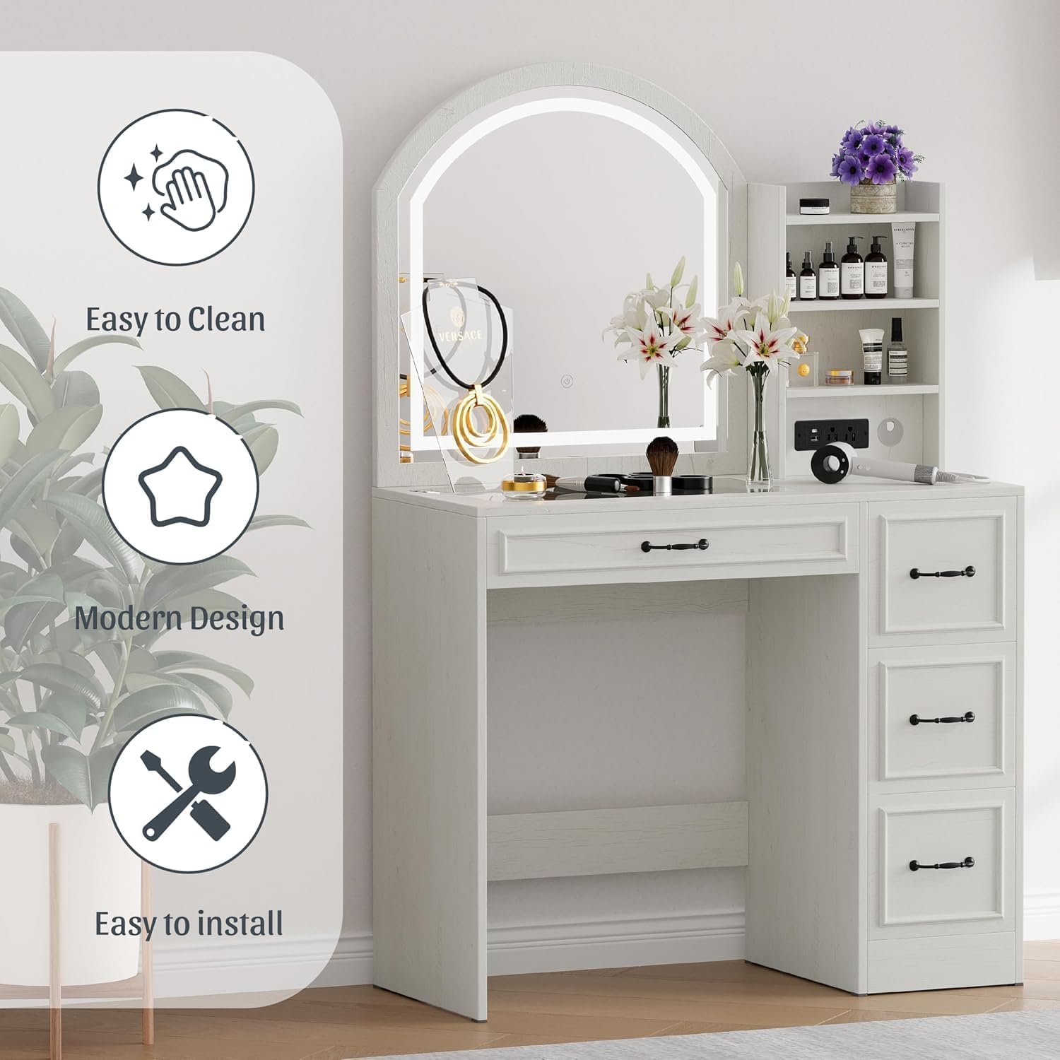 Vanity Desk with Mirror and Lights, Makeup Vanity Table with Side Cabinet, 4 Drawers Dressing Table with Glass Top, Modern Vanity Set with Power Outlet and Large Mirror (AntiqueWhite)