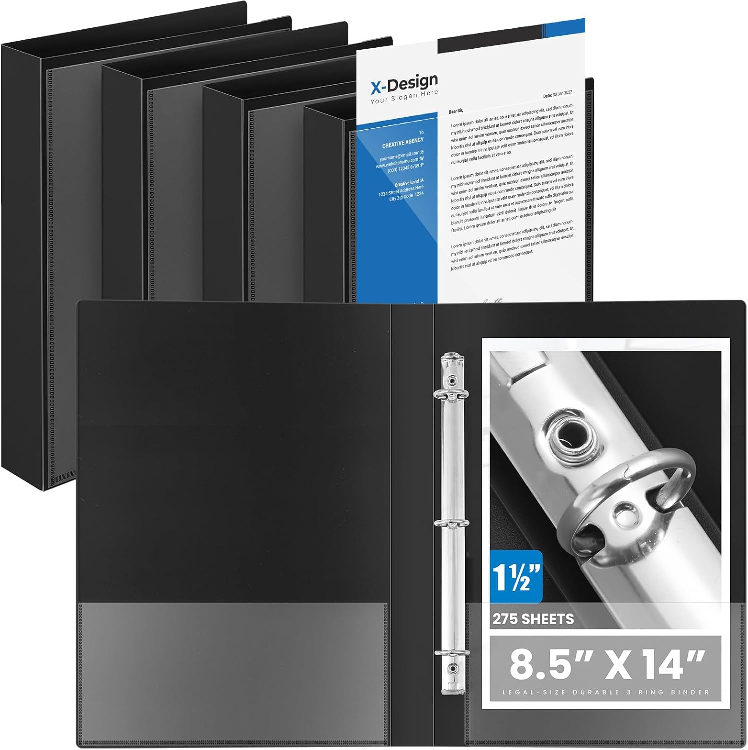 Henoyso 4 Pcs Legal Size Binder with View Cover 3 Ring 1.5" Durable PP Plastic Black Binders for 8.5" x 14" Paper Hold up to 275 Sheets for Documents, Office, Home, Work Places
