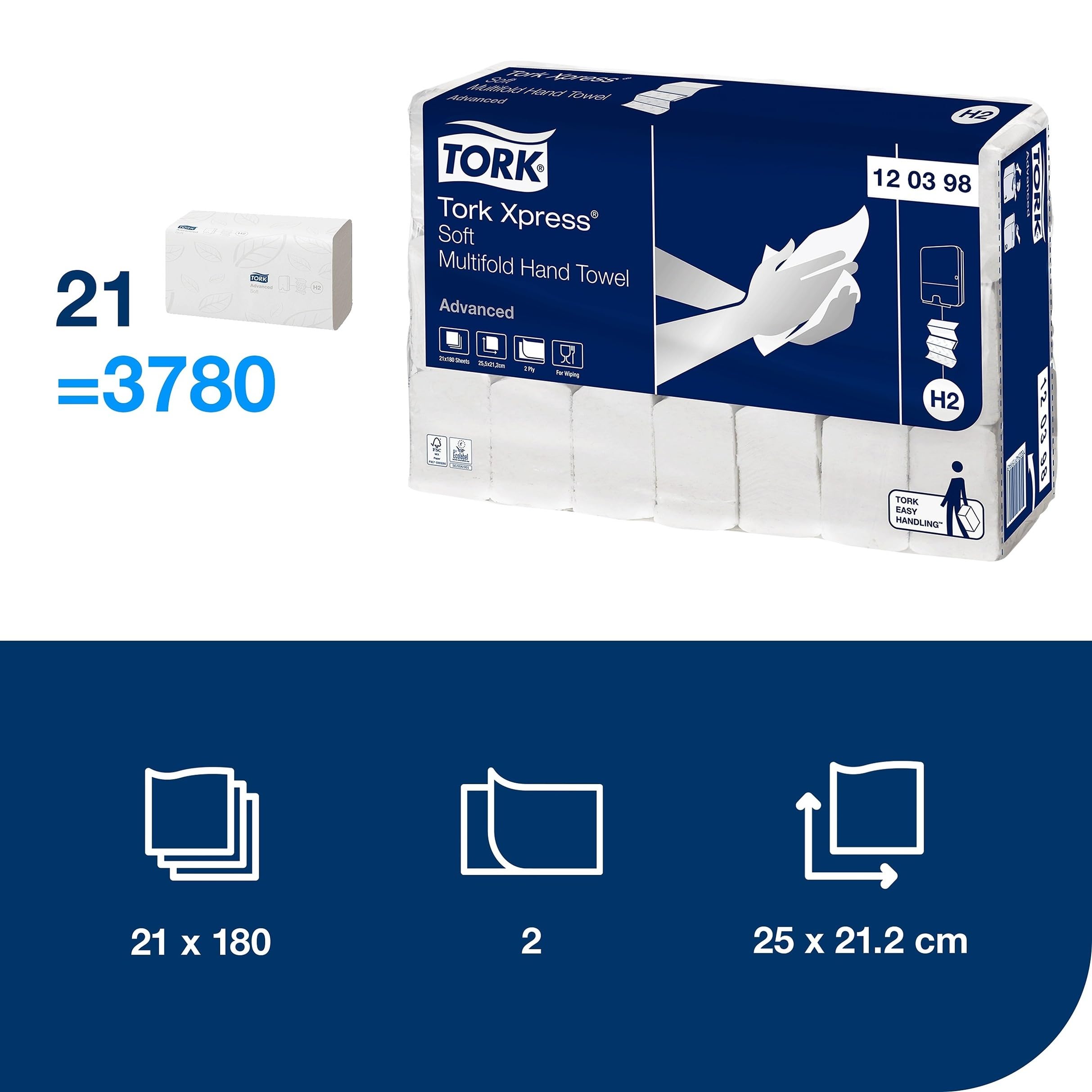 Tork Xpress Essuie-mains interfoliés doux blancs H2, Advanced, 2 plis, pliage en Z, absorbants, 20 x 180 feuilles, 120398