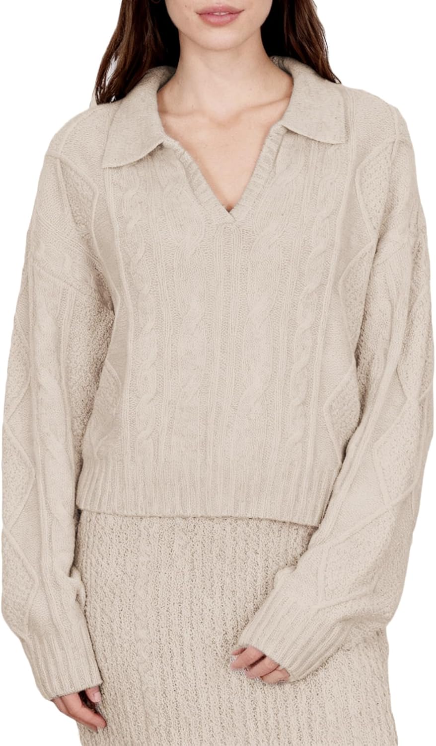 Amazhiyu Women's 100% Wool Cable Knit Crop Sweater V-Neck Long Sleeve Pullovers