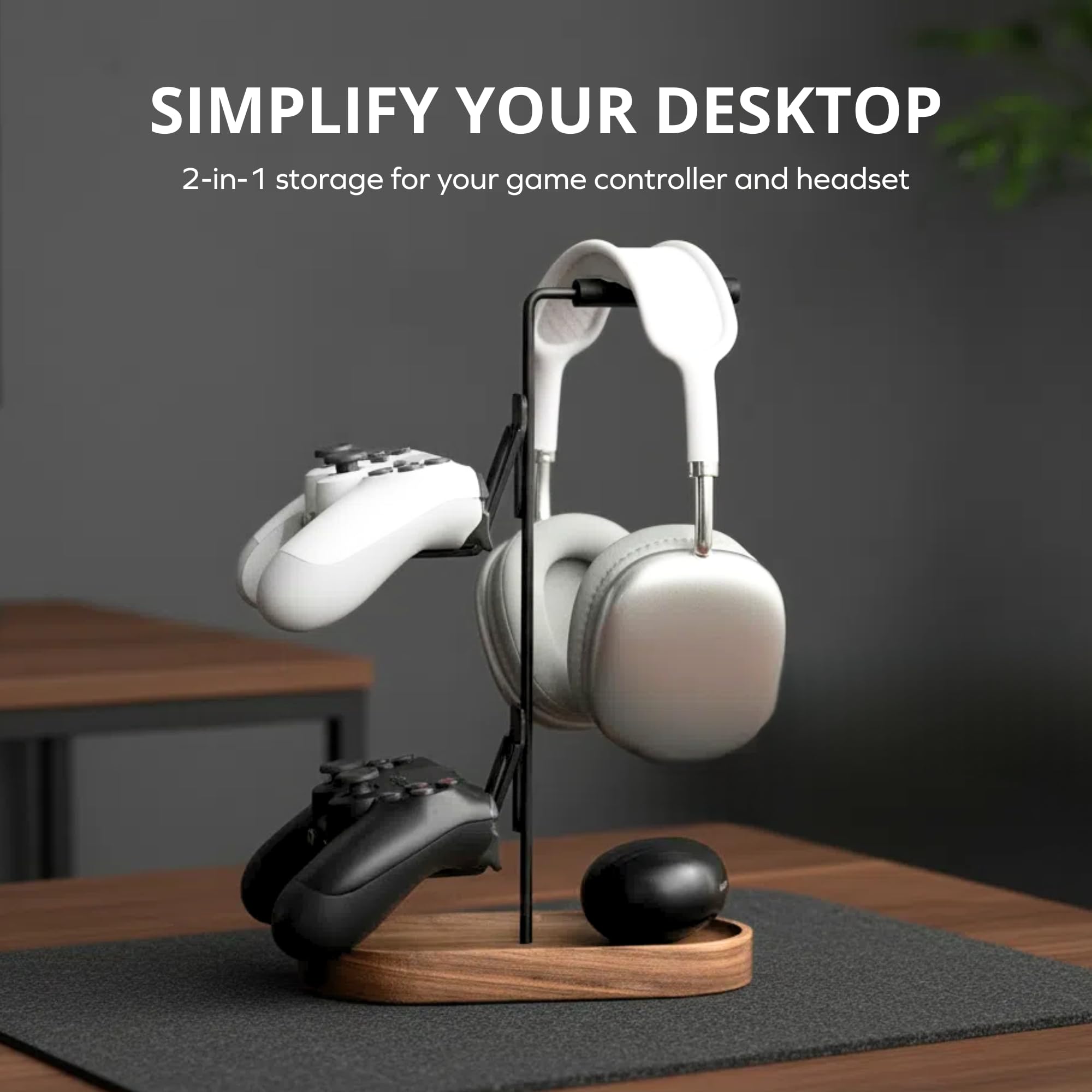 muso wood Supporto per controller da gioco 2 in 1, supporto per cuffie, supporto per controller in noce, supporto per cuffie da tavolo per controller di gioco e accessori per auricolari per PC